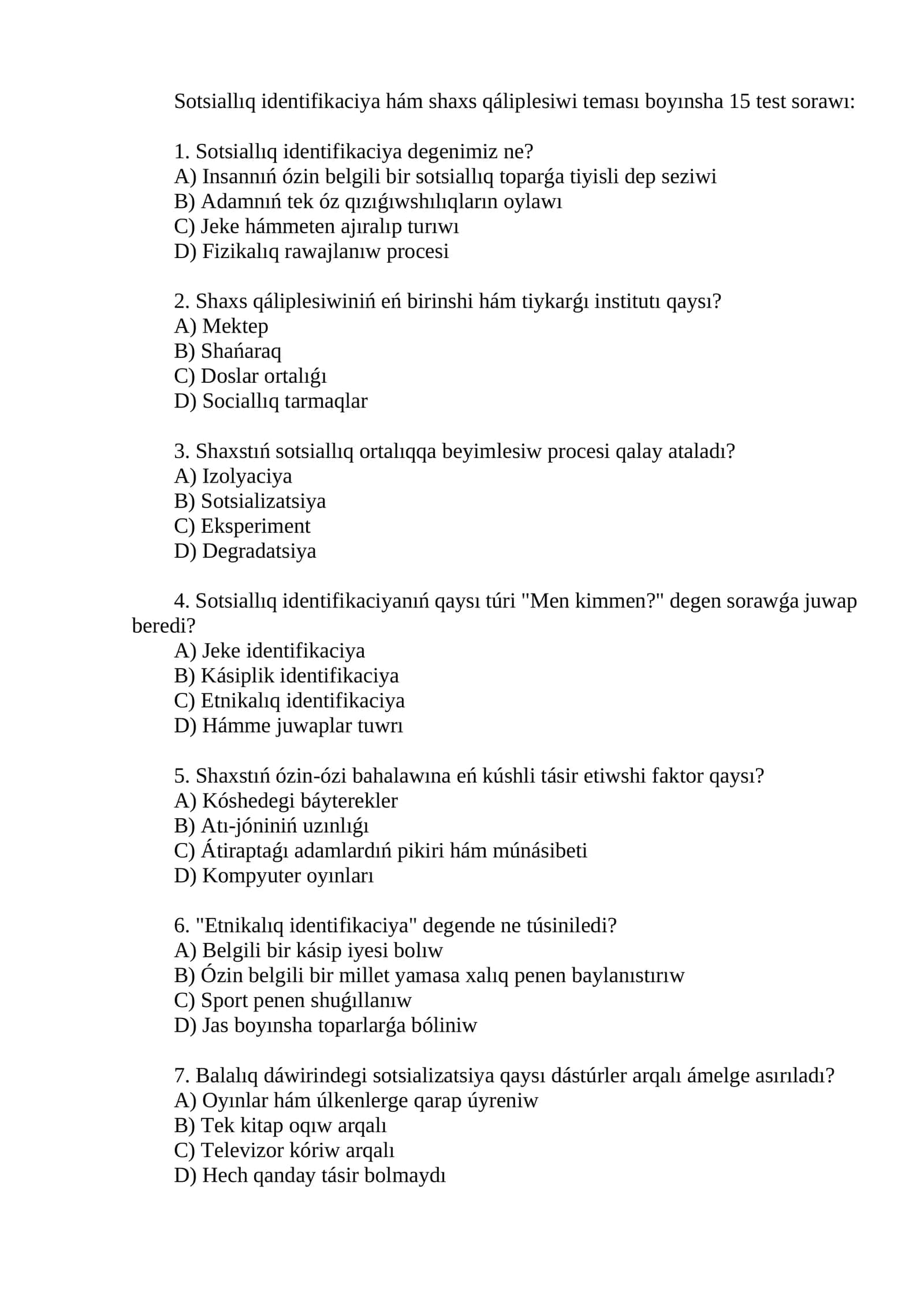 Sotsiallıq identifikaciya hám shaxs qáliplesiwi