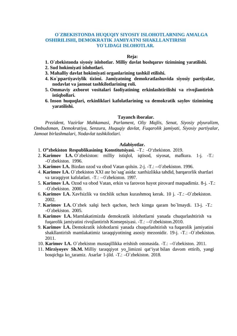 O`ZBEKISTONDA HUQUQIY SIYOSIY ISLOHOTLARNING AMALGA OSHIRILISHI, DEMOKRATIK JAMIYATNI SHAKLLANTIRISH YO`LIDAGI ISLOHOTLAR