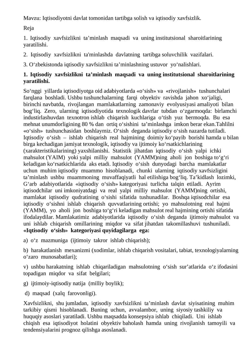 Iqtisodiyotni davlat tomonidan tartibga solish va iqtisodiy xavfsizlik
