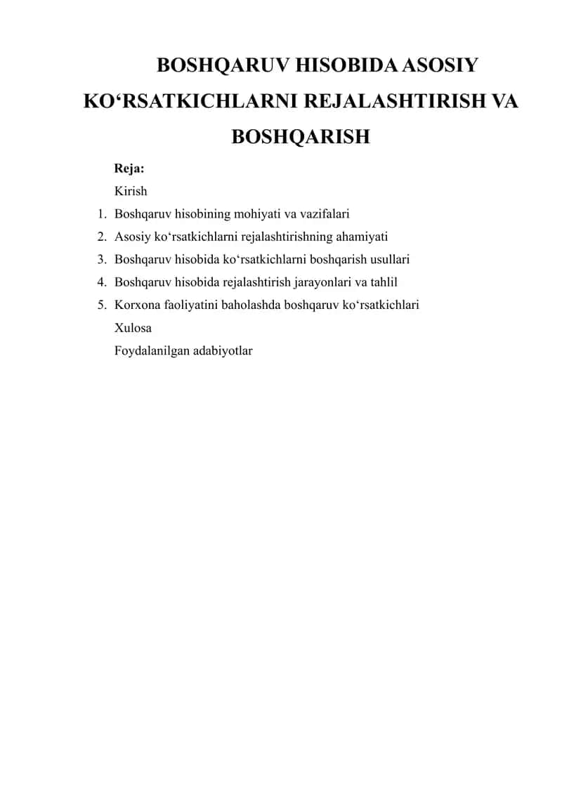 BOSHQARUV HISOBIDA ASOSIY KO‘RSATKICHLARNI REJALASHTIRISH VA BOSHQARISH
