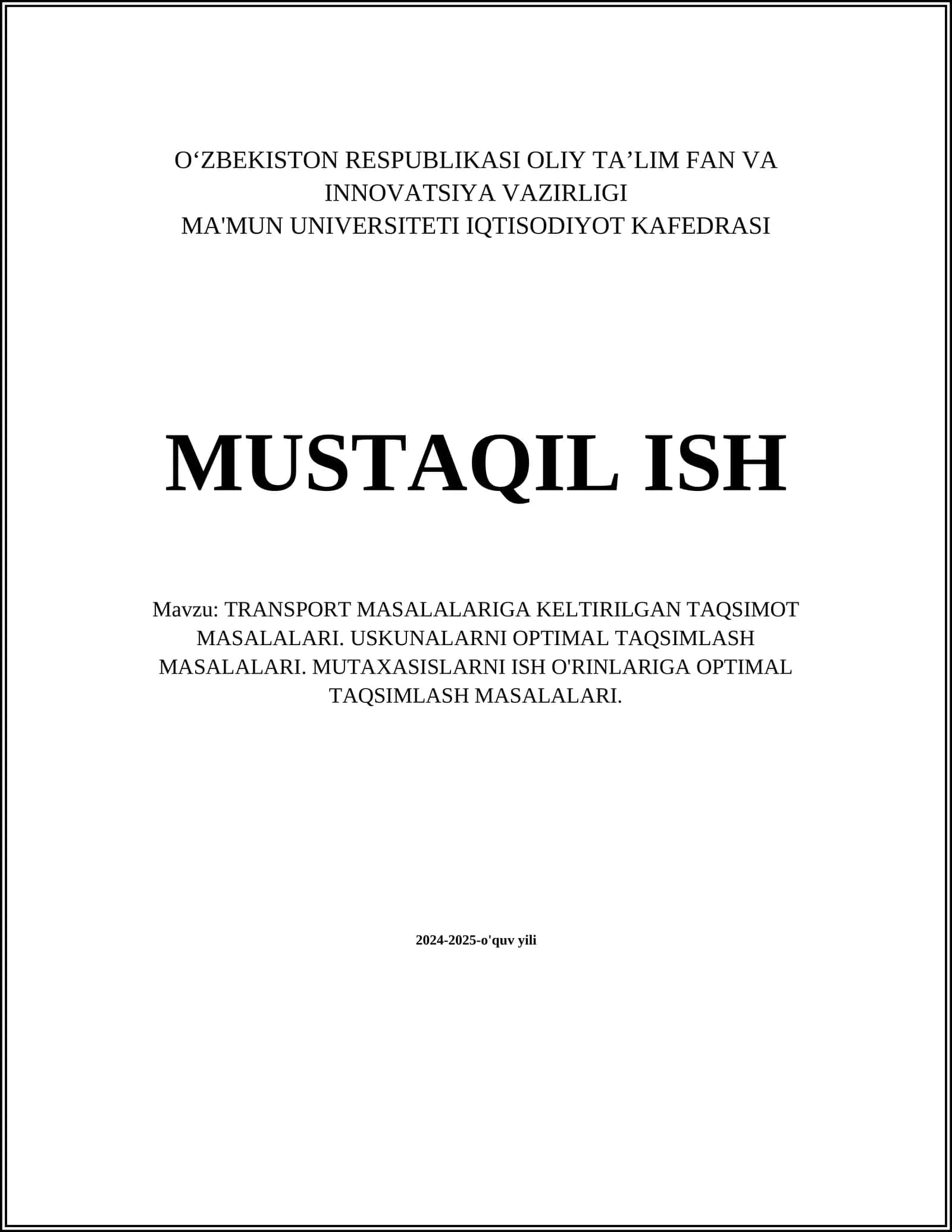 TRANSPORT MASALALARIGA KELTIRILGAN TAQSIMOT MASALALARI