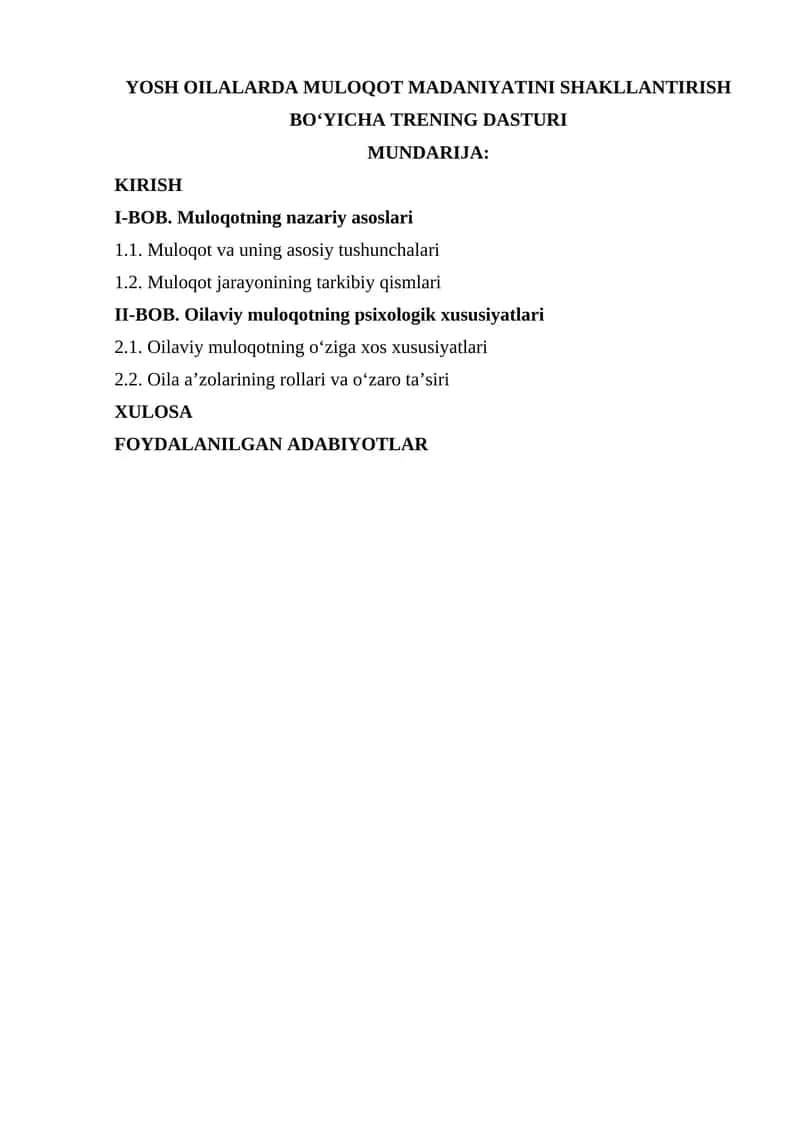 YOSH OILALARDA MULOQOT MADANIYATINI SHAKLLANTIRISH BO‘YICHA TRENING DASTURI