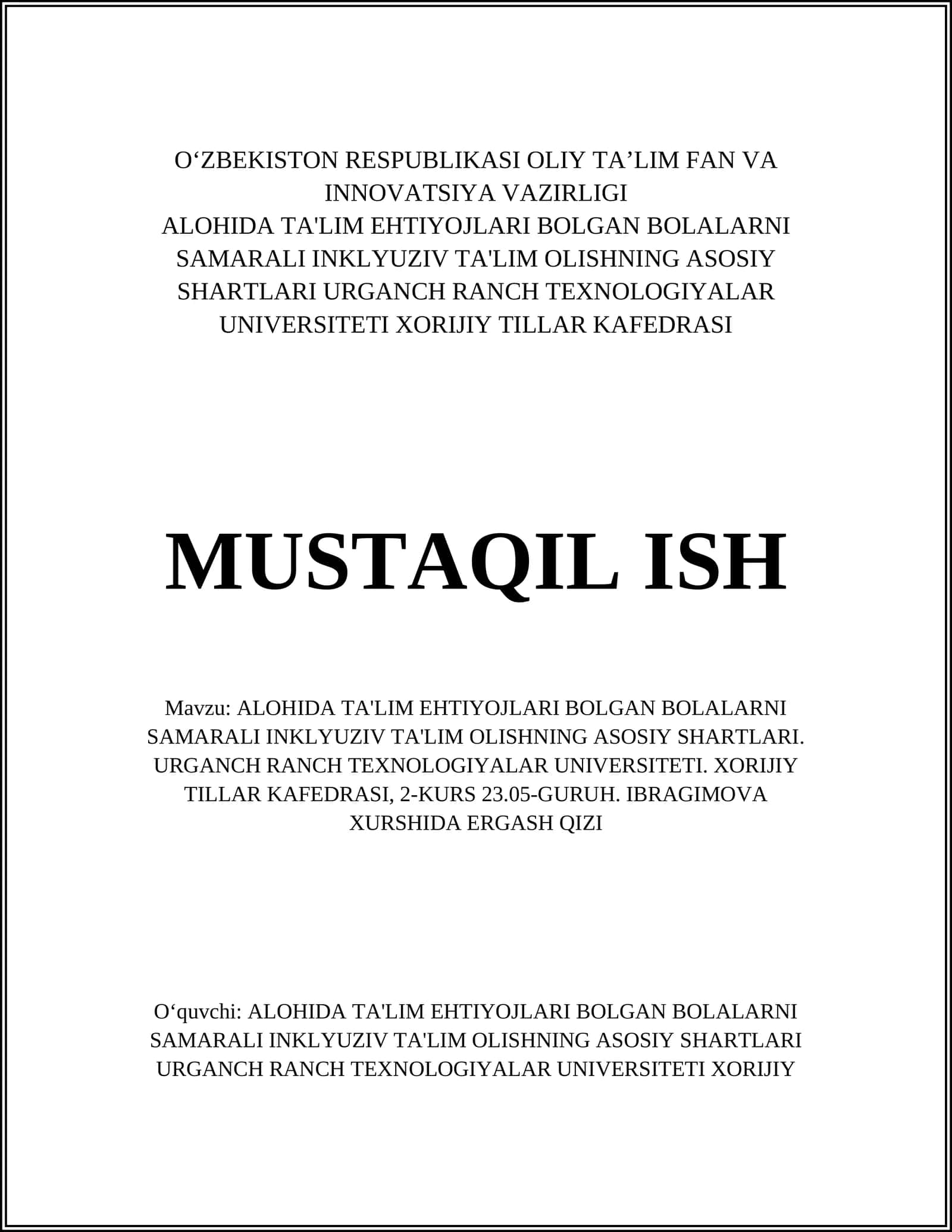 Alohida ta'lim ehtiyojlari bolgan bolalarni samarali inklyuziv ta'lim olishning asosiy shartlari