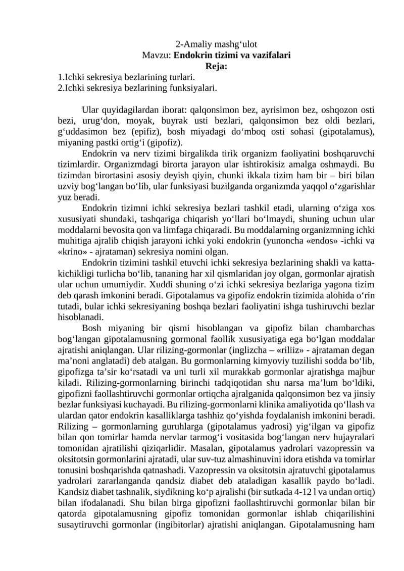 Endokrin tizimi va vazifalari