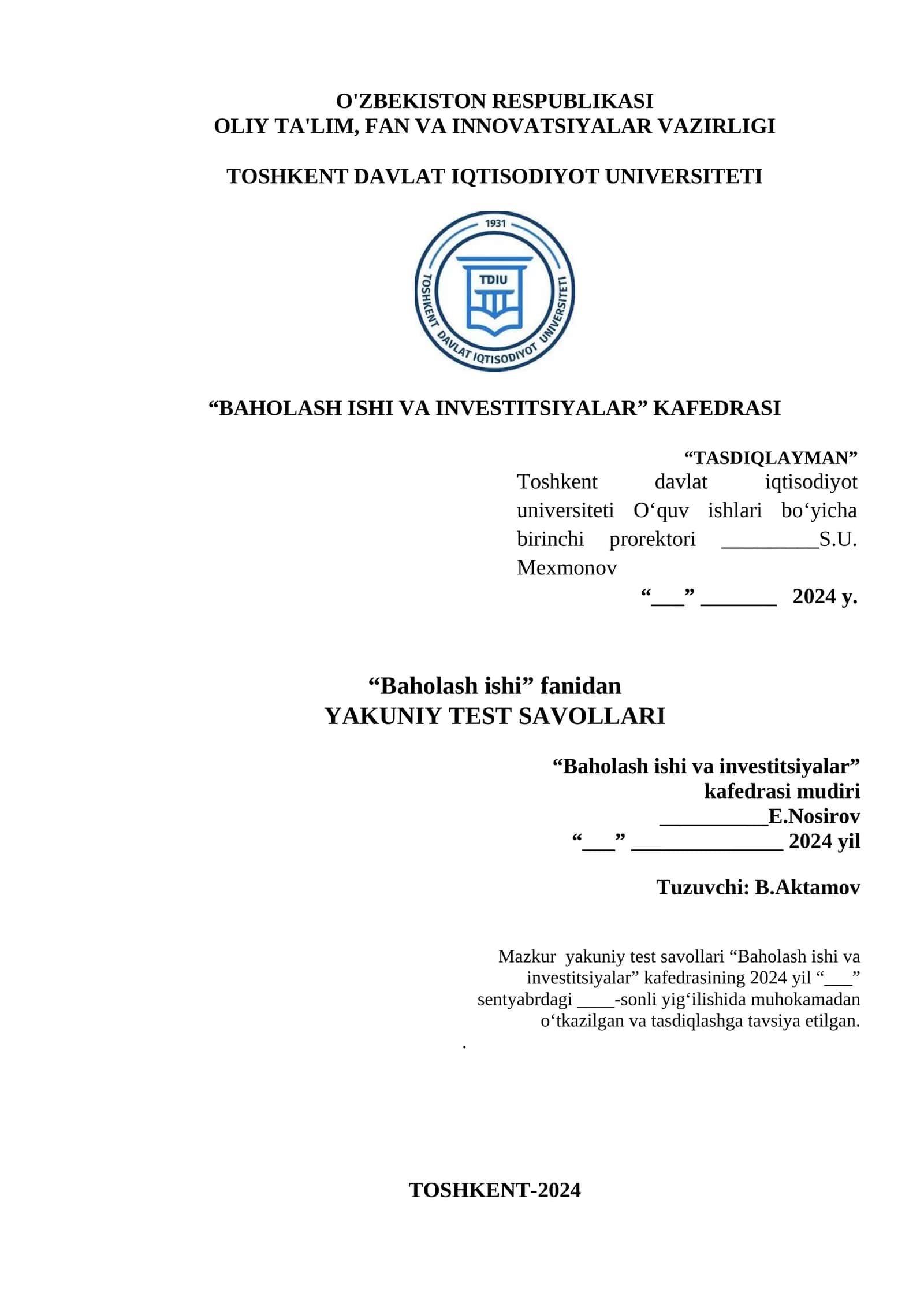 Baholash Ishi va Investitsiyalar