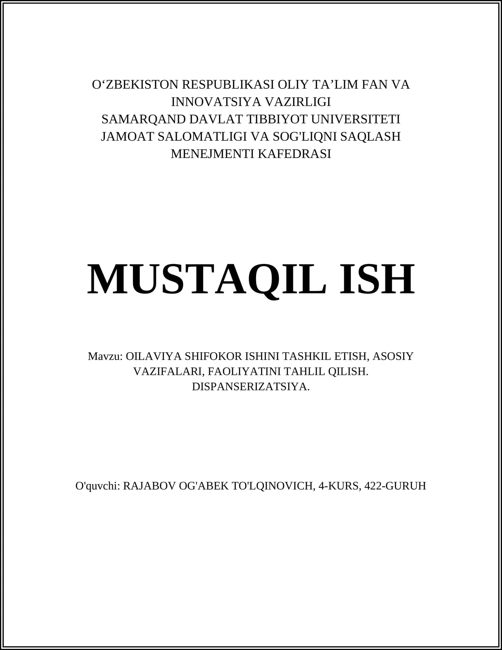 OILAVIYA SHIFOKOR ISHINI TASHKIL ETISH
