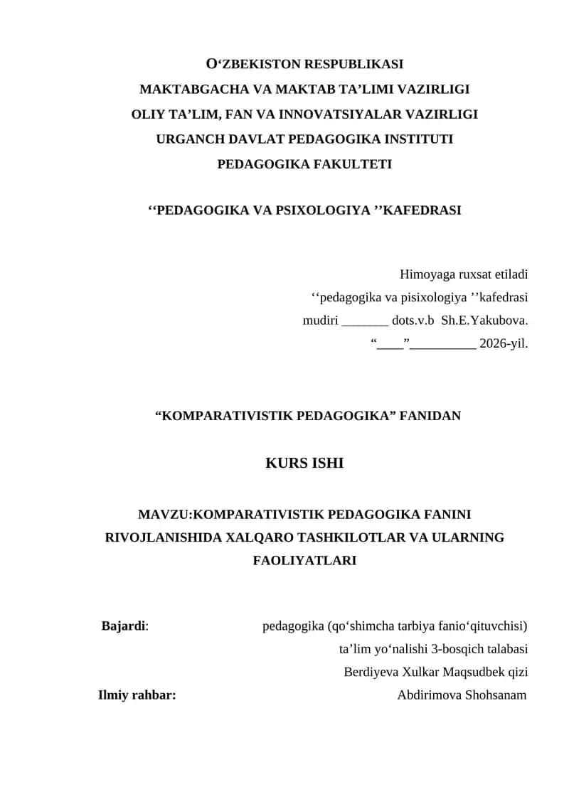 KOMPARATIVISTIK PEDAGOGIKA FANINI RIVOJLANISHIDA XALQARO TASHKILOTLAR VA