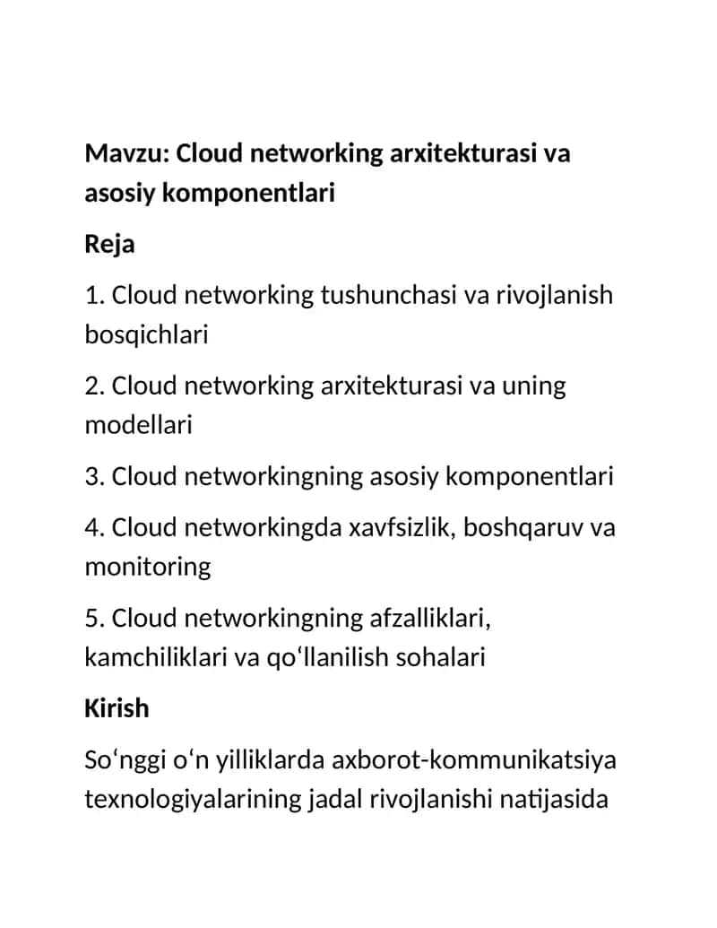 Cloud networking arxitekturasi va asosiy komponentlari