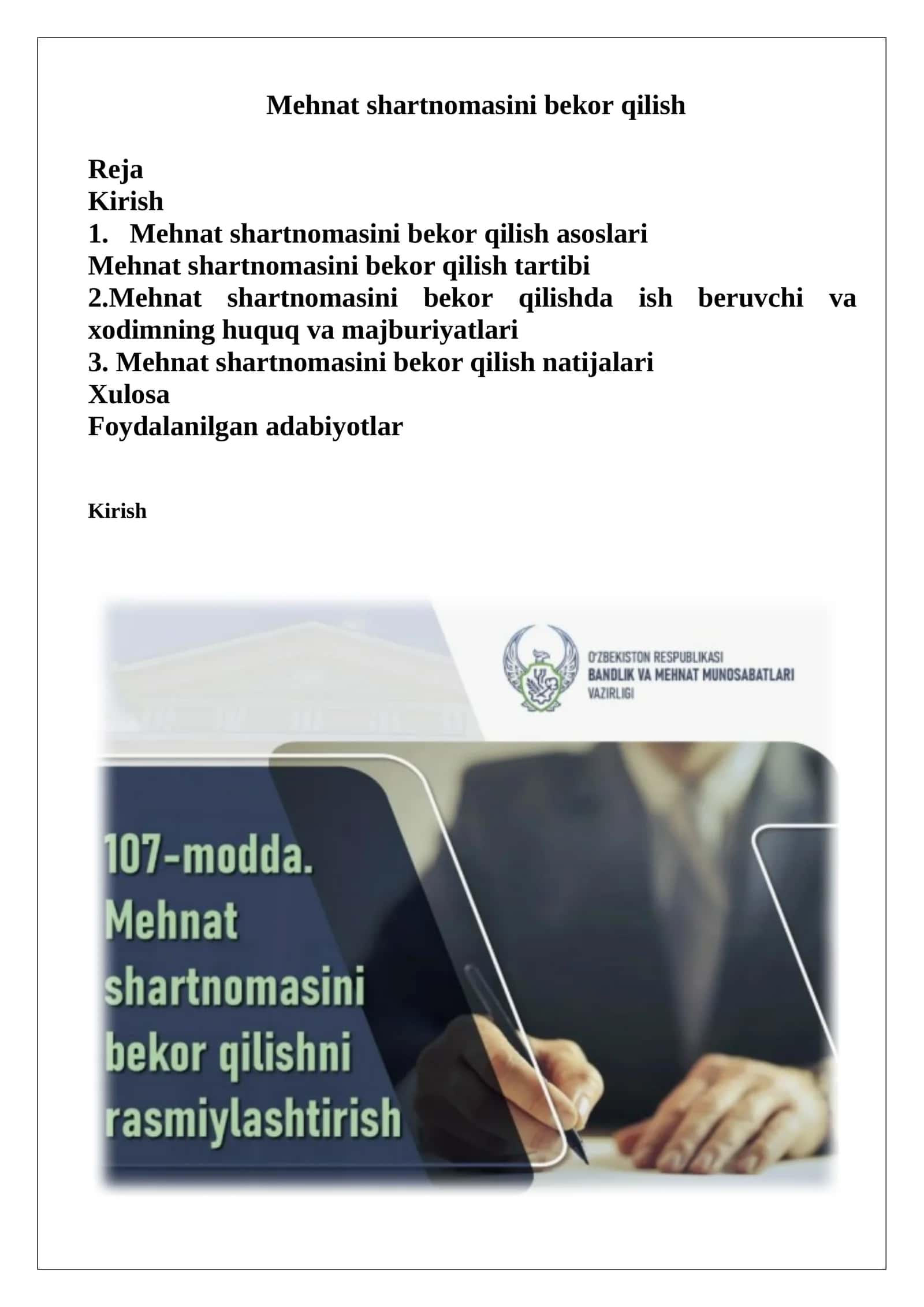Mehnat shartnomasini bekor qilish