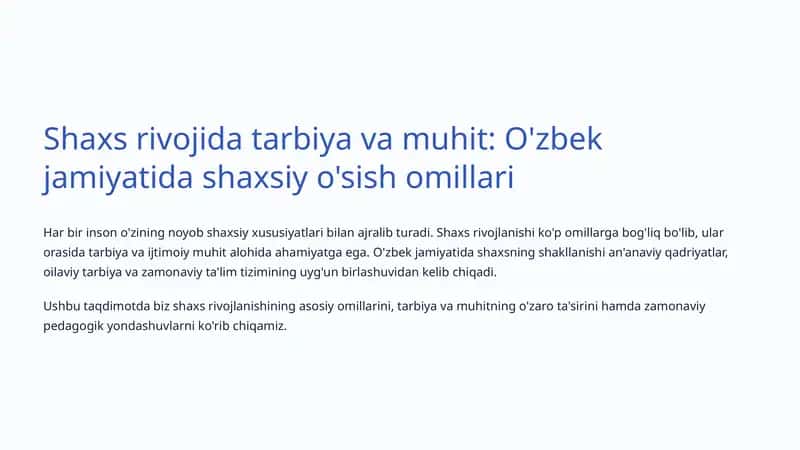 Shaxs rivojida tarbiya va muhit: O'zbek jamiyatida shaxsiy o'sish omillari