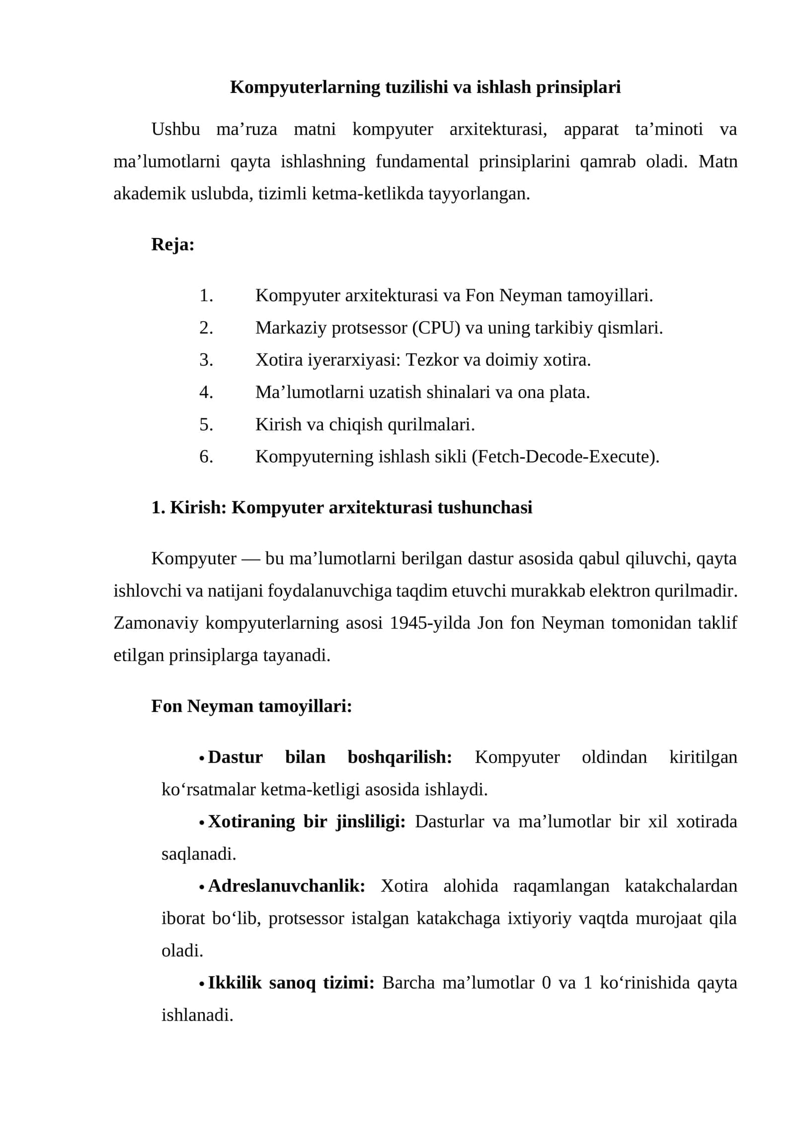 Kompyuterlarning tuzilishi va ishlash prinsiplari