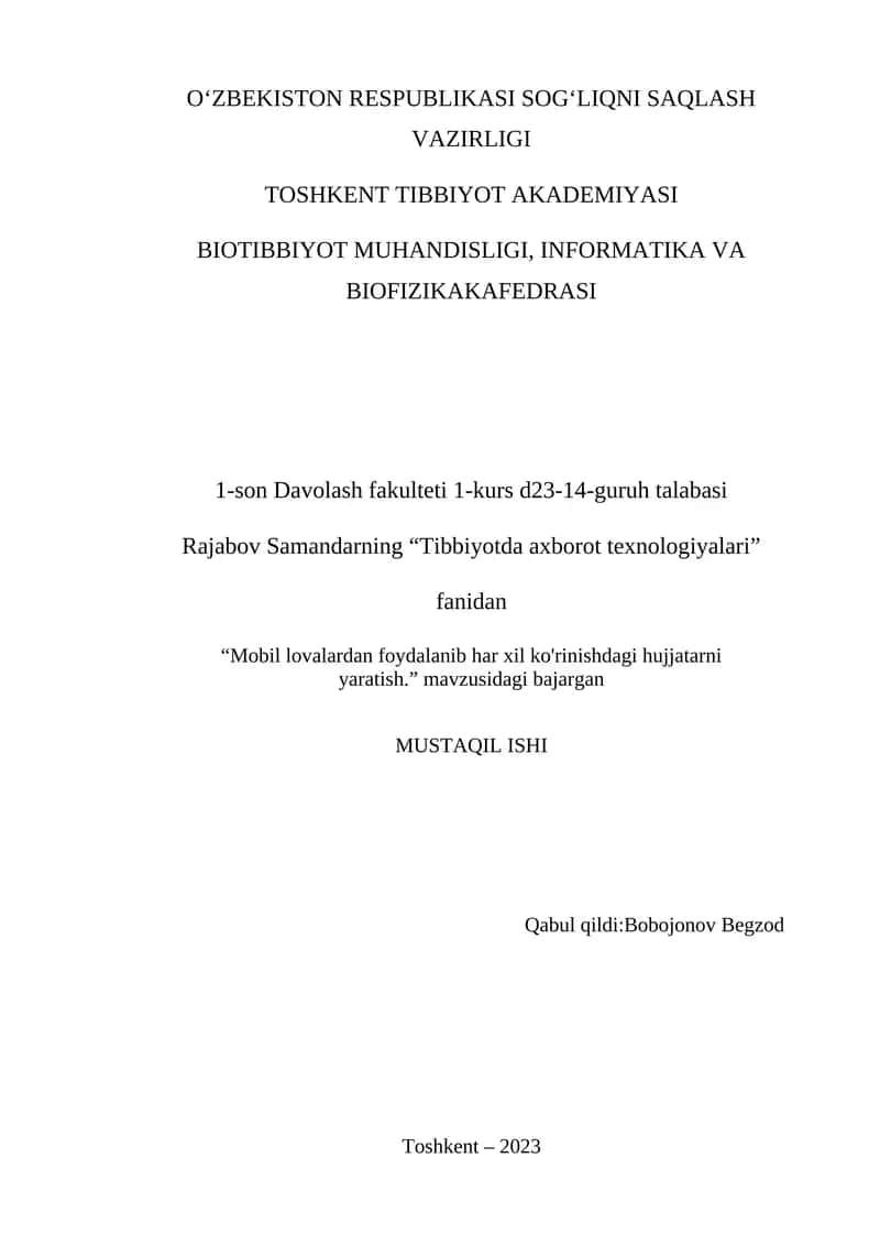 "Tibbiyotda axborot texnologiyalari"