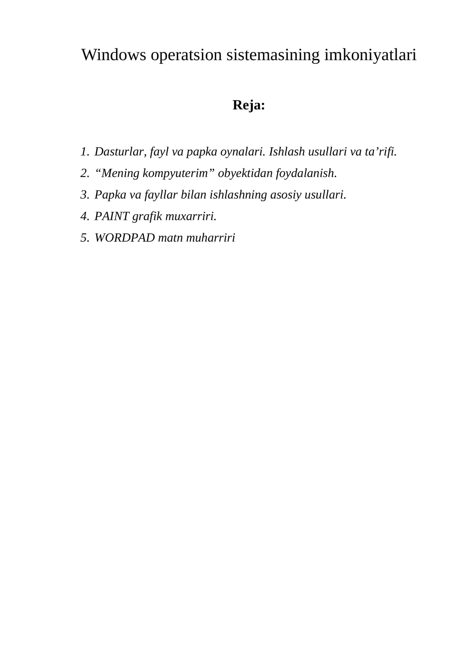 Windows operatsion sistemasining imkoniyatlari