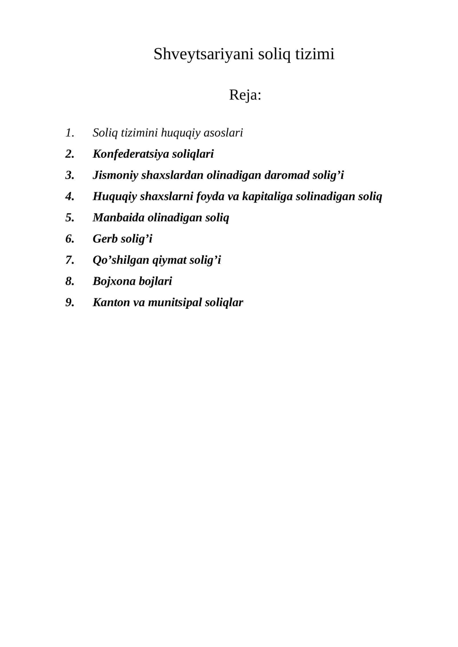 Shvеytsаriyani soliq tizimi