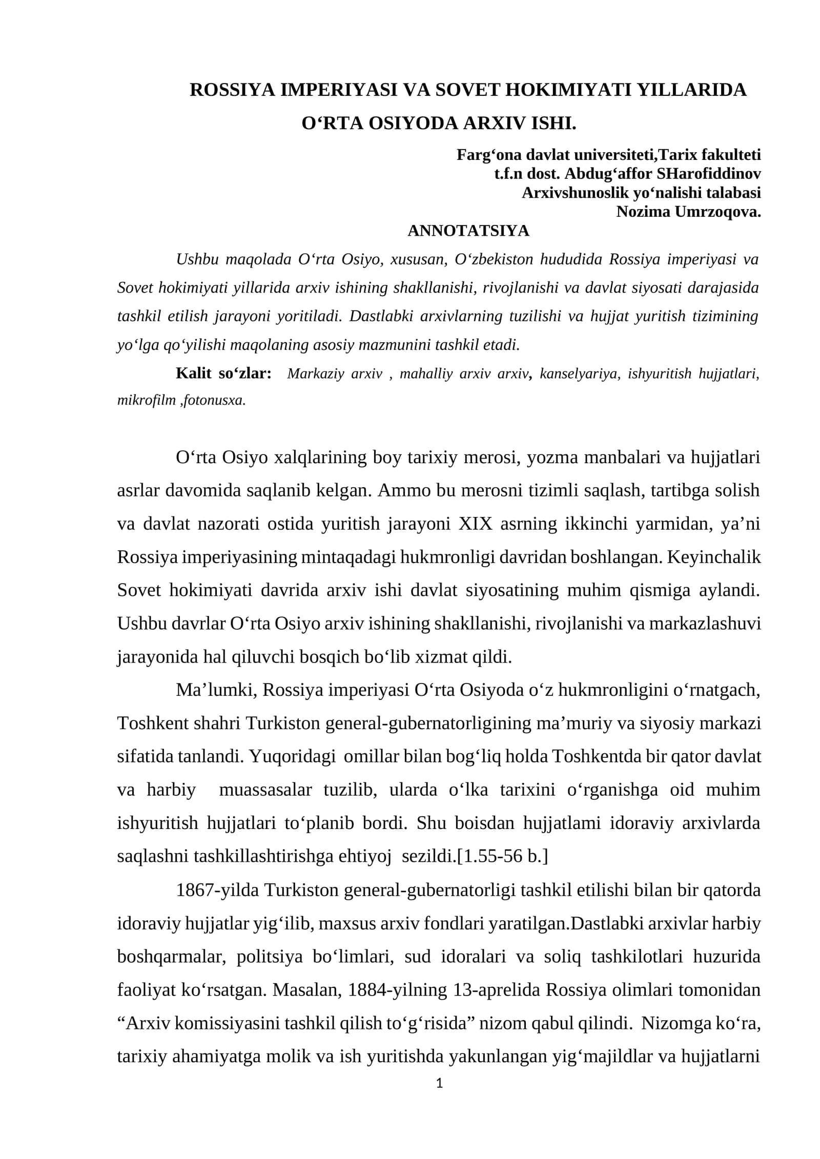 ROSSIYA IMPERIYASI VA SOVET HOKIMIYATI YILLARIDA O‘RTA OSIYODA ARXIV ISHI