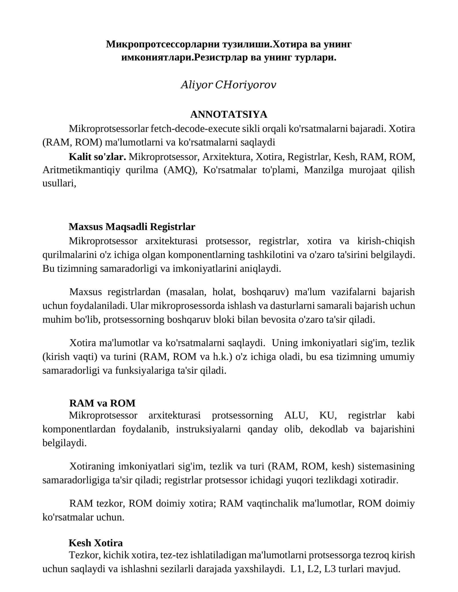 Mikroprotsessorlar tuzilishi va imkoniyatlari