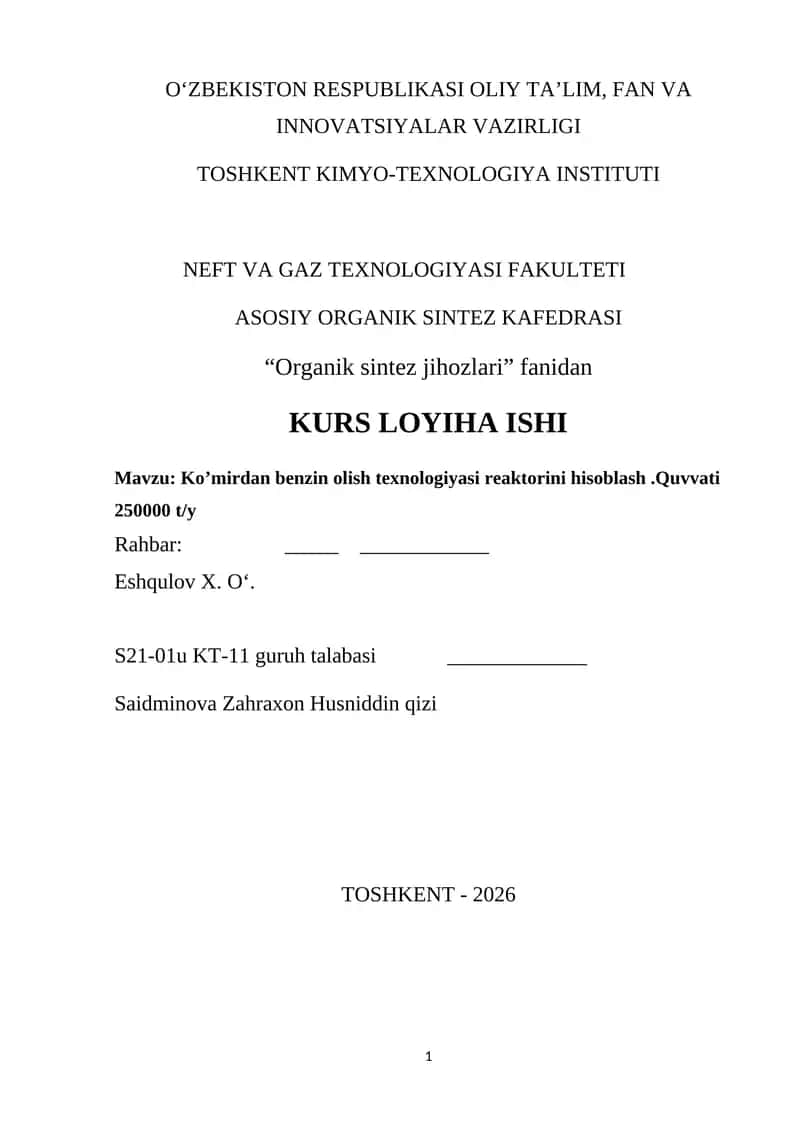 Ko’mirdan benzin olish texnologiyasi reaktorini hisoblash