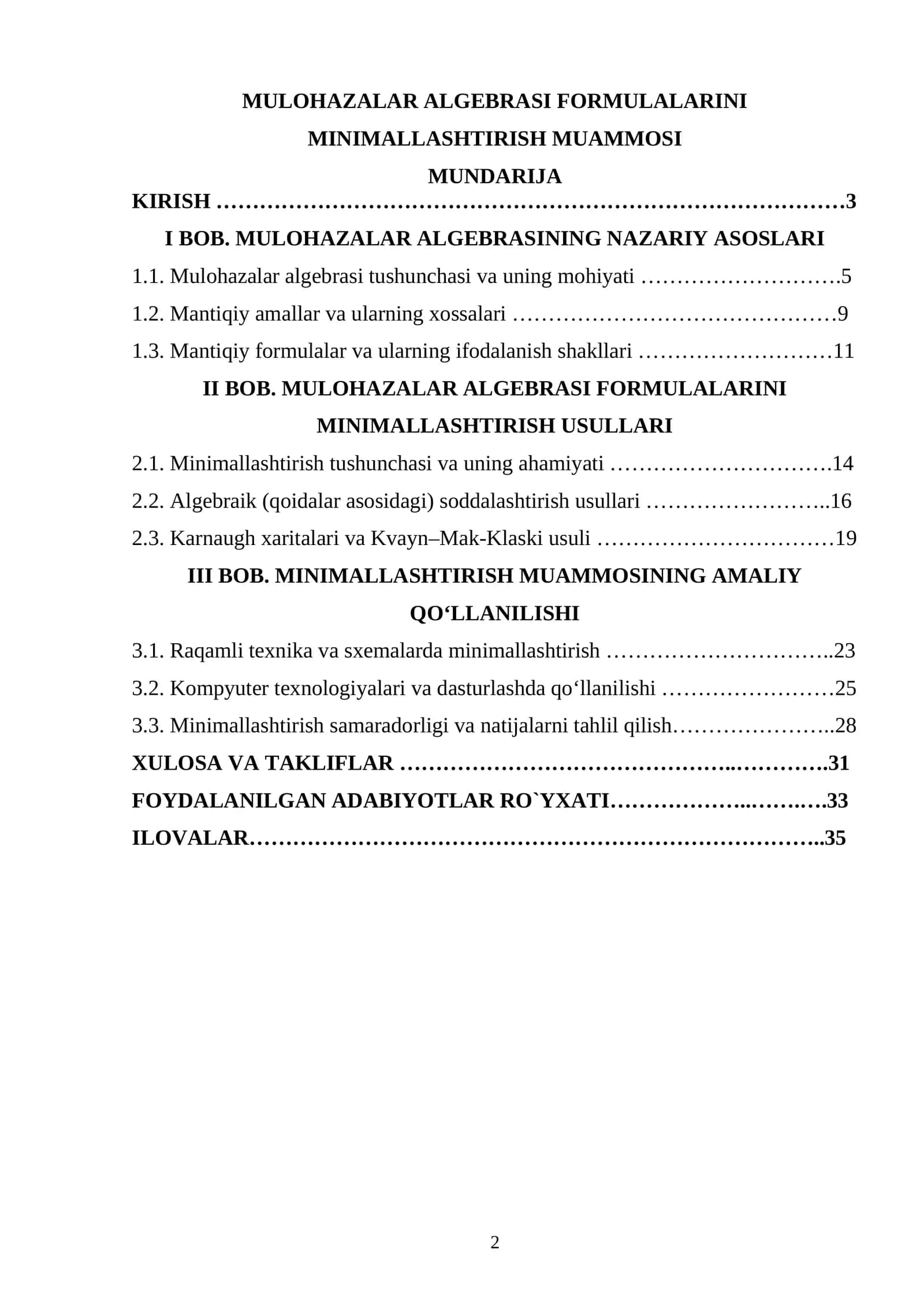 MULOHAZALAR ALGEBRASI FORMULALARINI MINIMALLASHTIRISH MUAMMOSI
