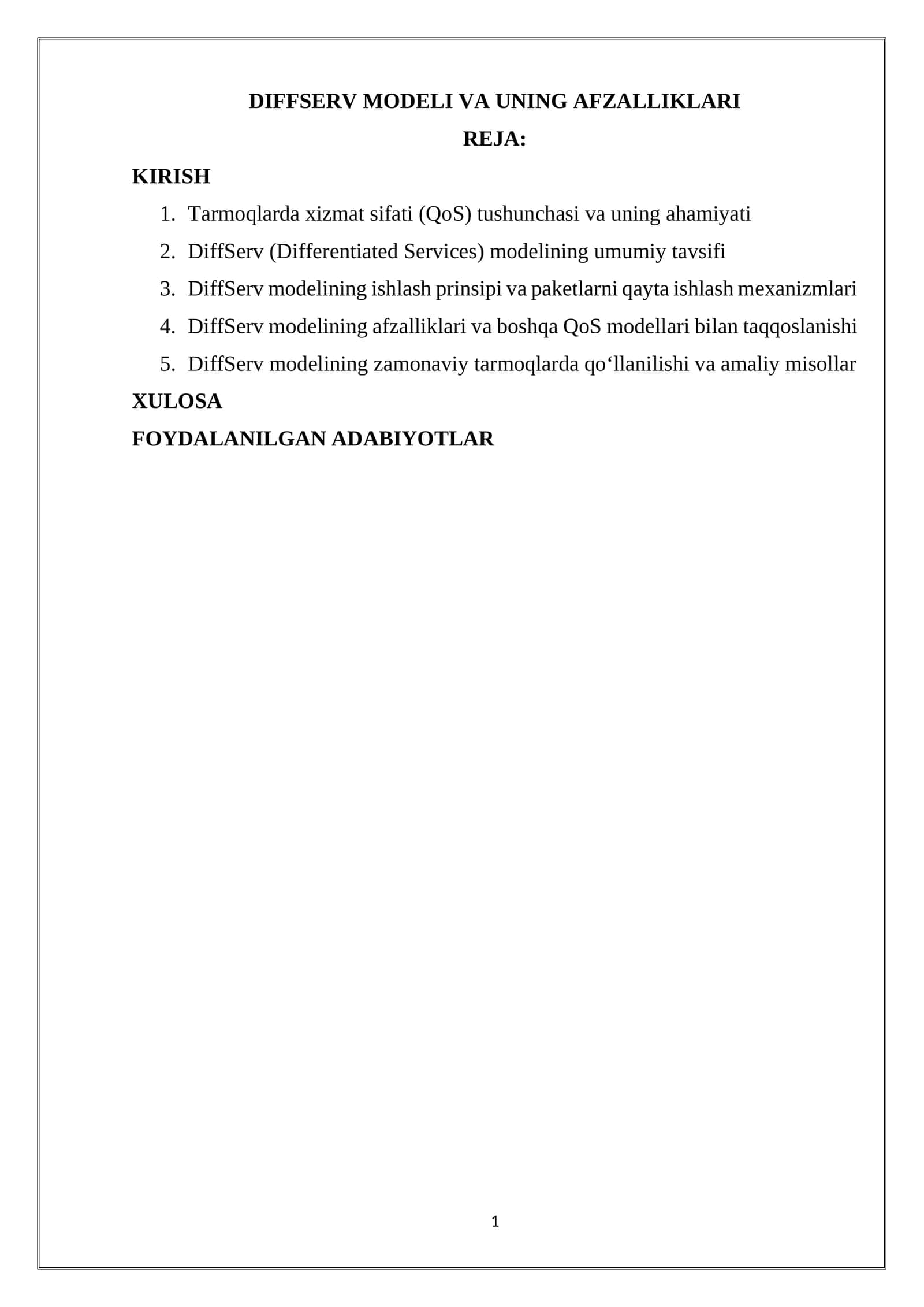 DIFFSERV MODELI VA UNING AFZALLIKLARI