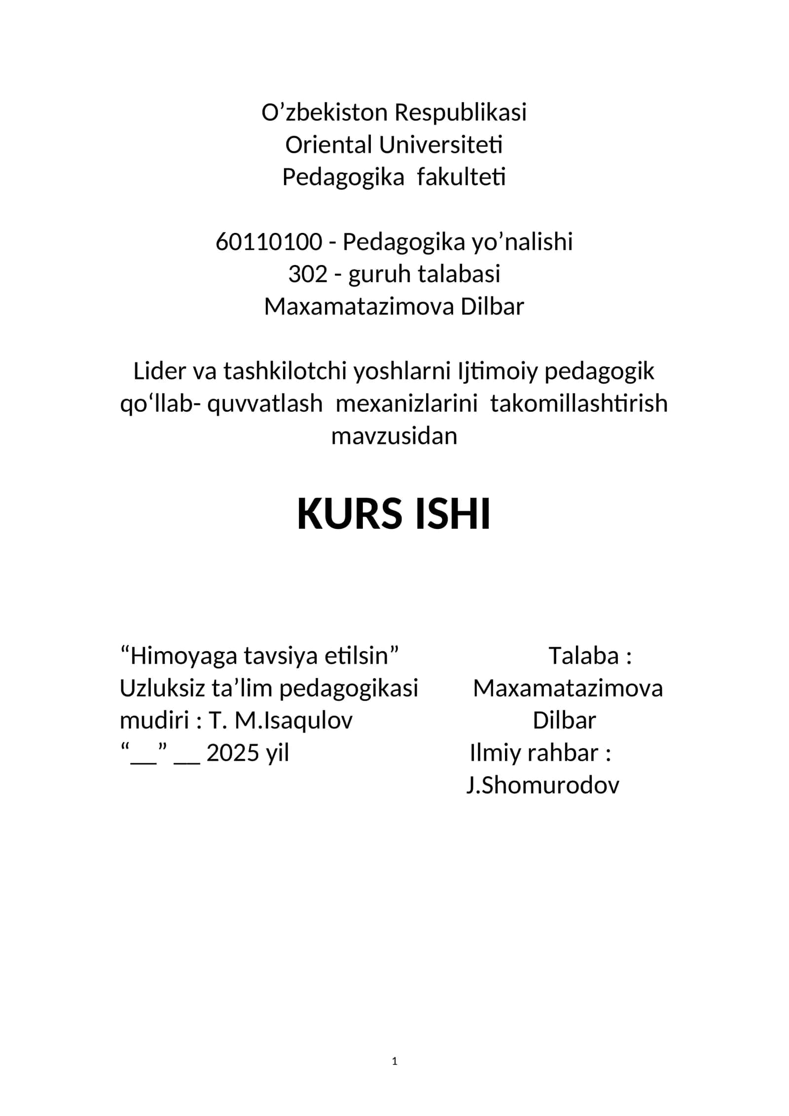 Lider va tashkilotchi yoshlarni Ijtimoiy pedagogik qoʻllab- quvvatlash mexanizlarini takomillashtirish