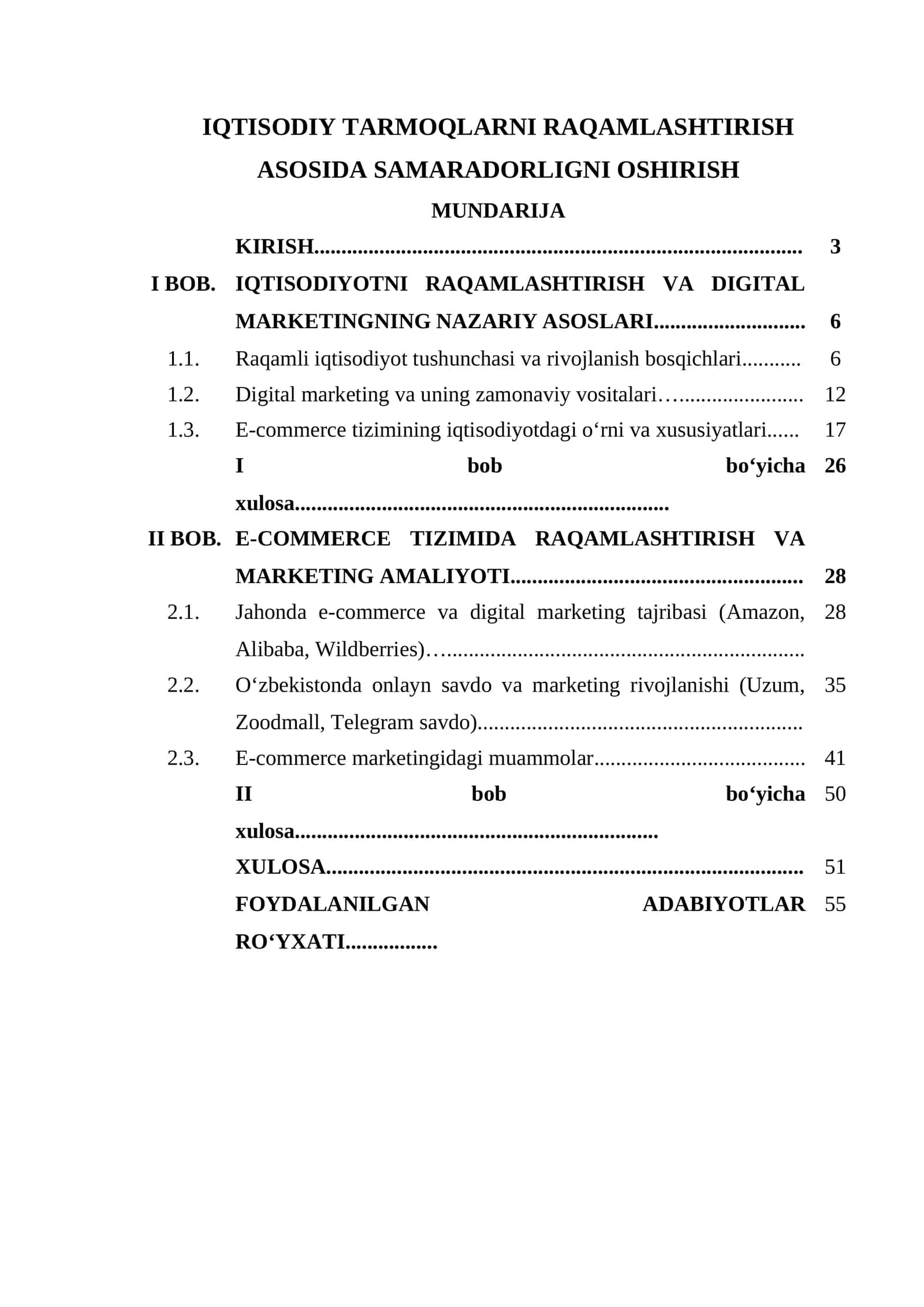 IQTISODIY TARMOQLARNI RAQAMLASHTIRISH ASOSIDA SAMARADORLIGNI OSHIRISH MUNDARIJA
