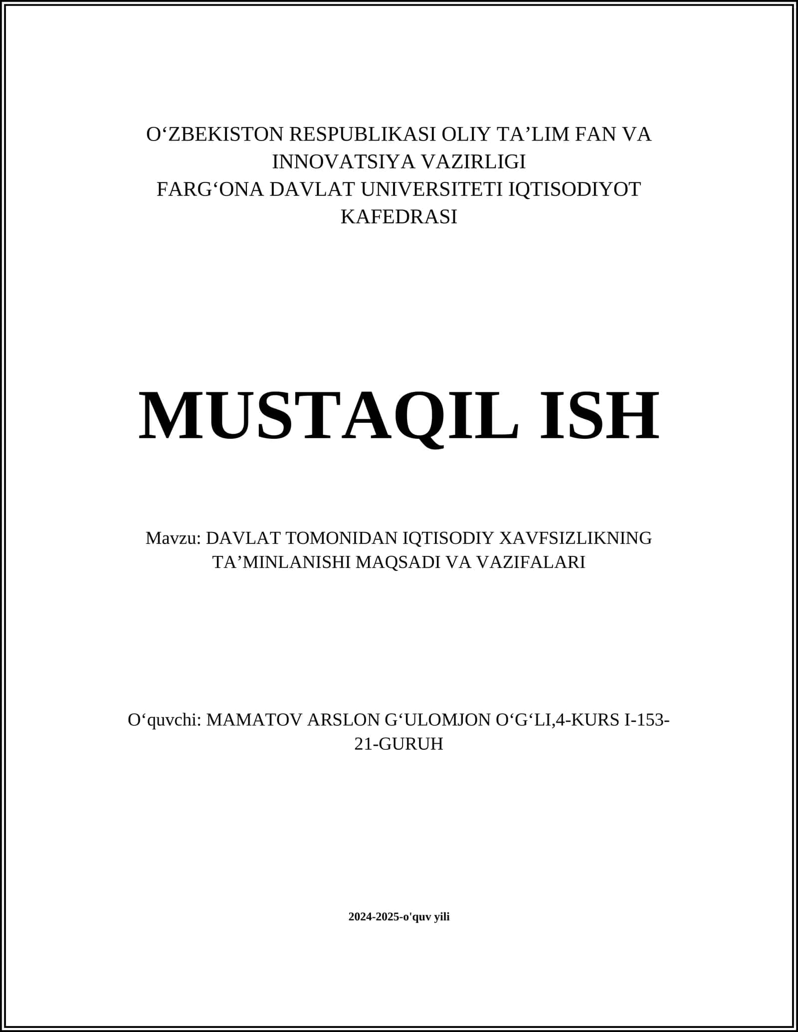 Davlat iqtisodiy xavfsizlik strategiyalari