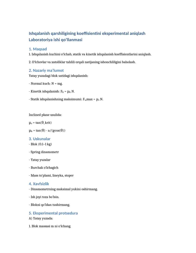 Ishqalanish qarshiligining koeffisientini eksperimental aniqlash