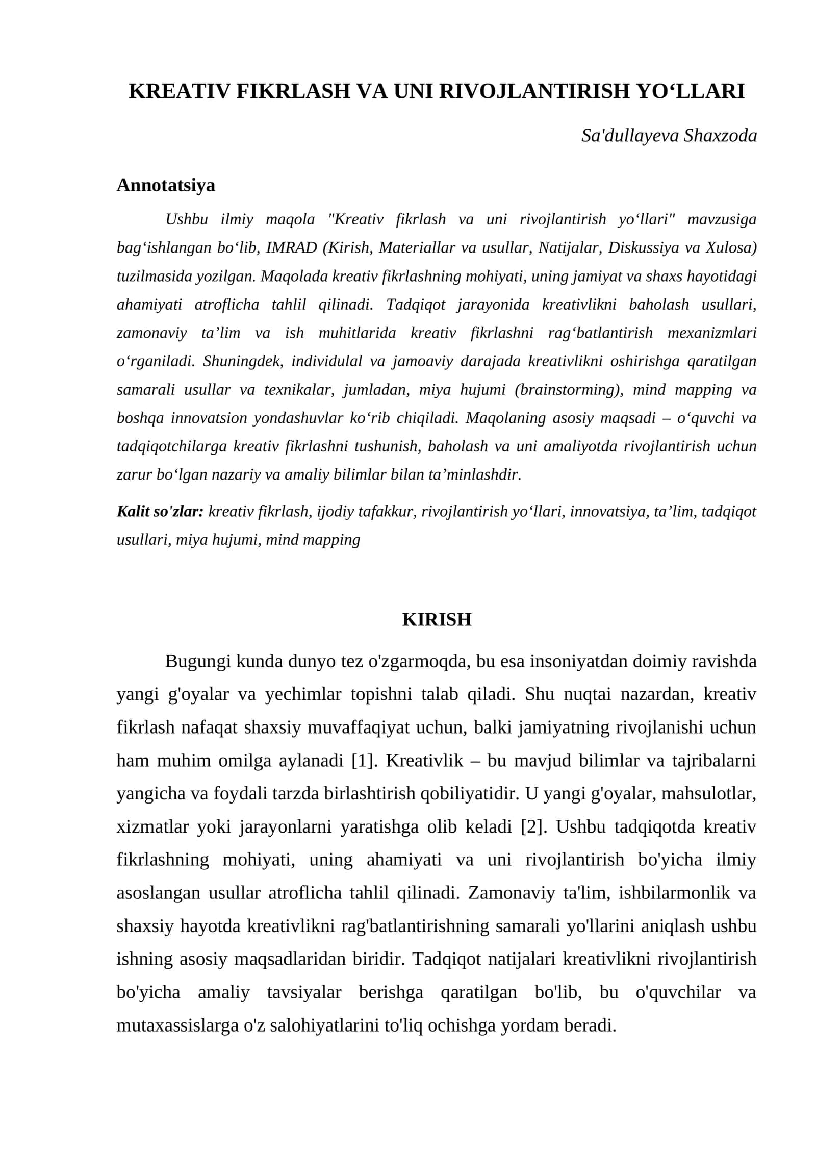 KREATIV FIKRLASH VA UNI RIVOJLANTIRISH YOʻLLARI