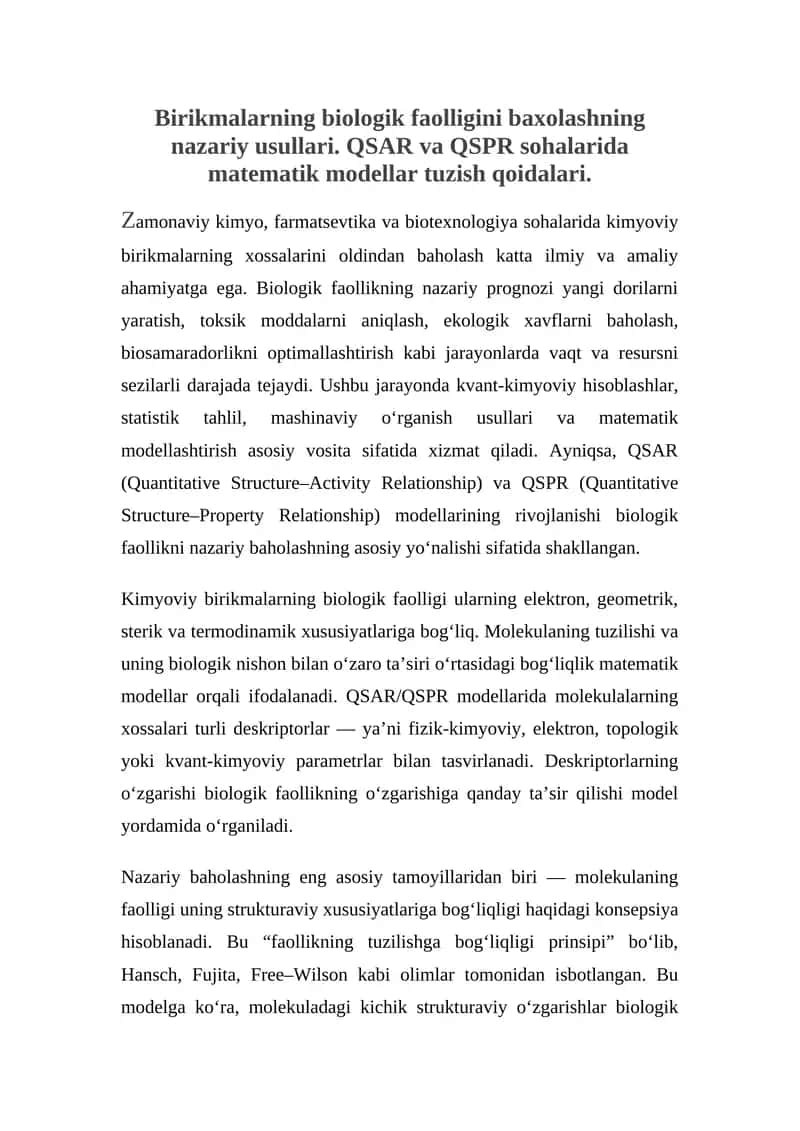 Kimyoviy birikmalarning biologik faolligini baxolash