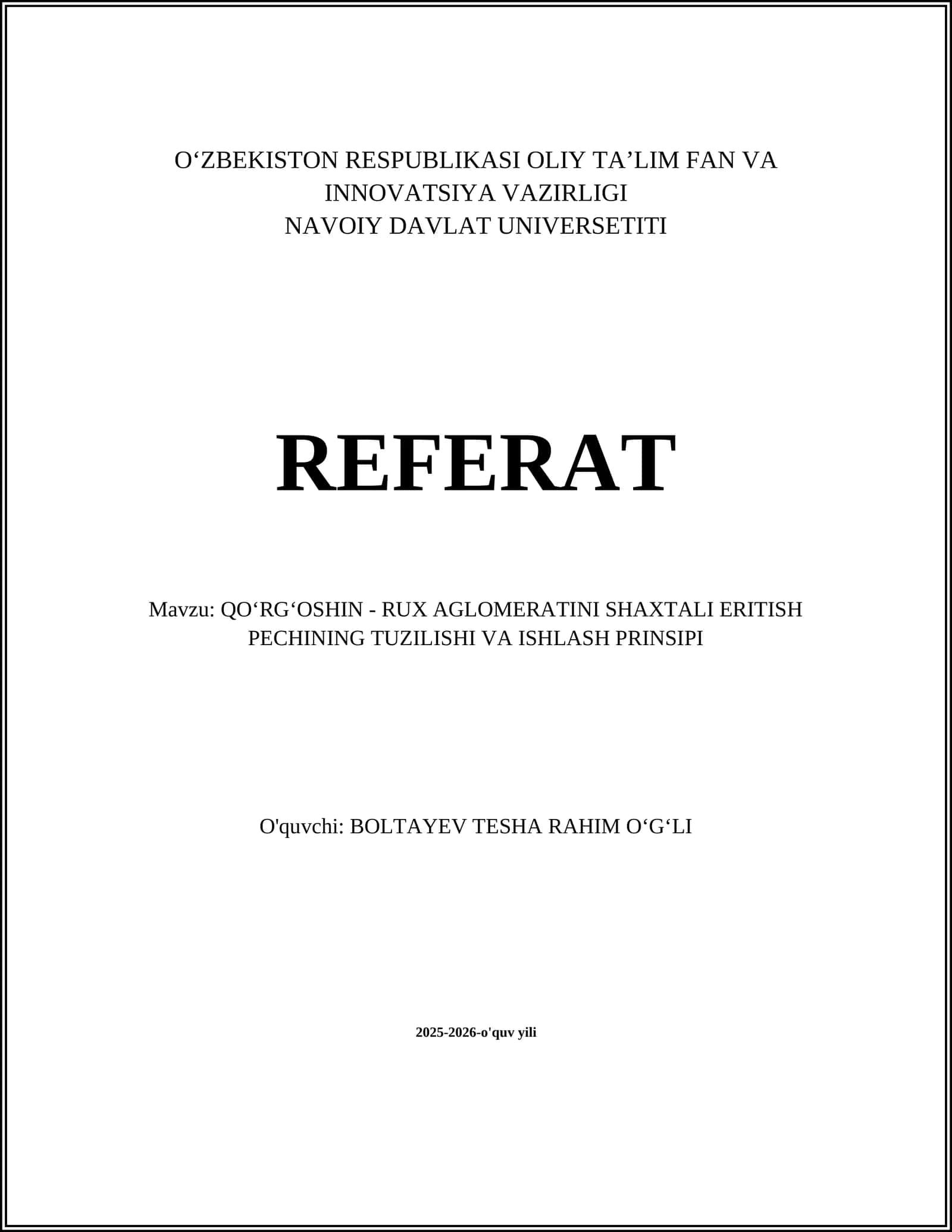 QOʻRGʻOSHIN - RUX AGLOMERATINI SHAXTALI ERITISH PECHINING TUZILISHI VA ISHLASH PRINSIPI