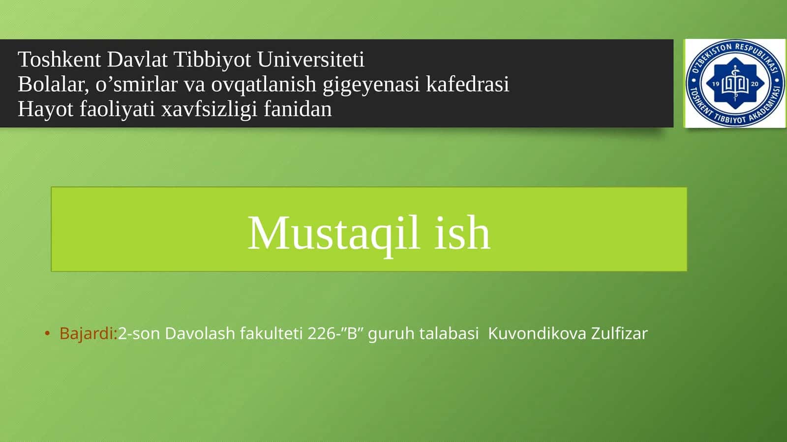 Aholining tabiiy ofatlar, katta falokatlar va tibbiy jihatdan ta'minlanishini tashkiletish