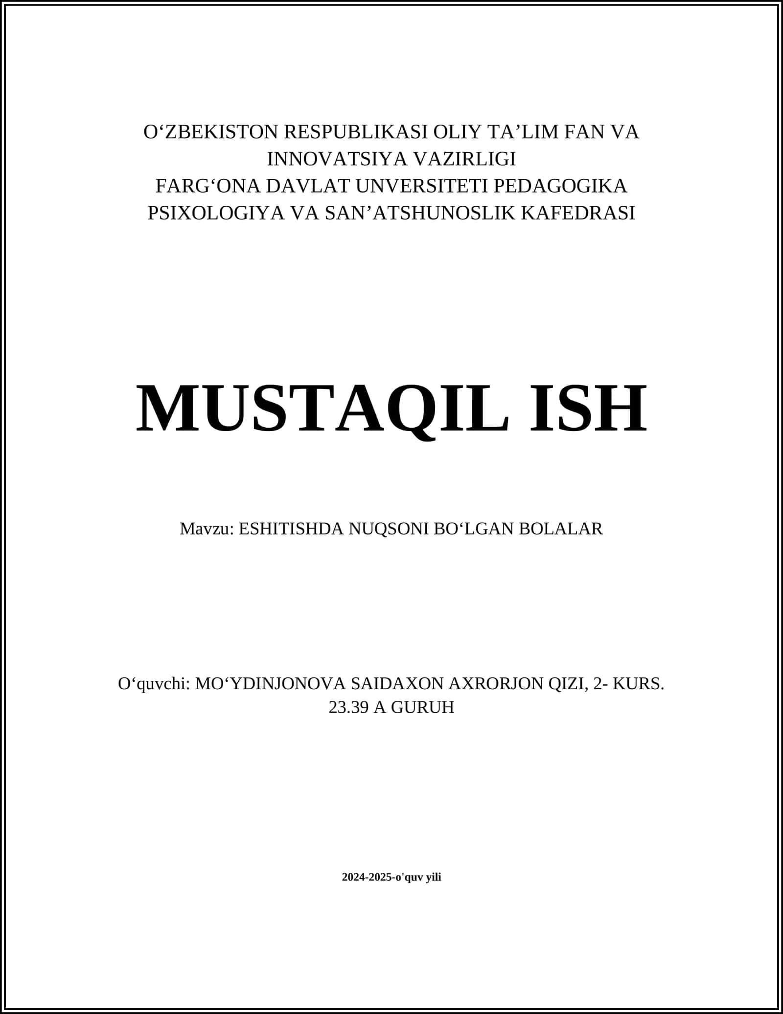 ESHITISHDA NUQSONI BOʻLGAN BOLALAR