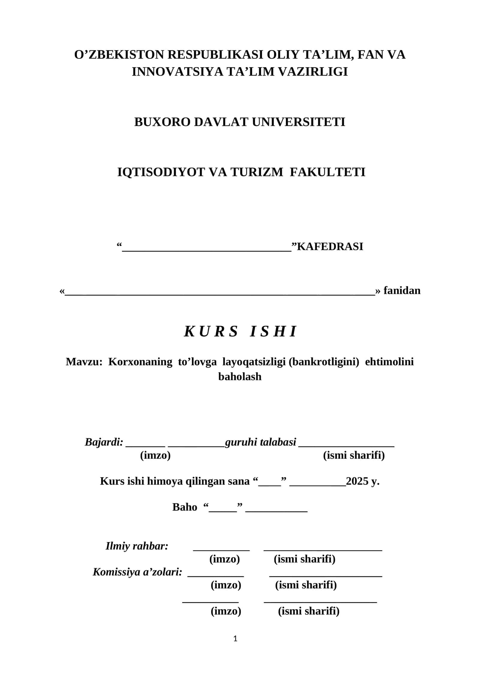 Korxonaning to’lovga layoqatsizligi (bankrotligini) ehtimolini baholash