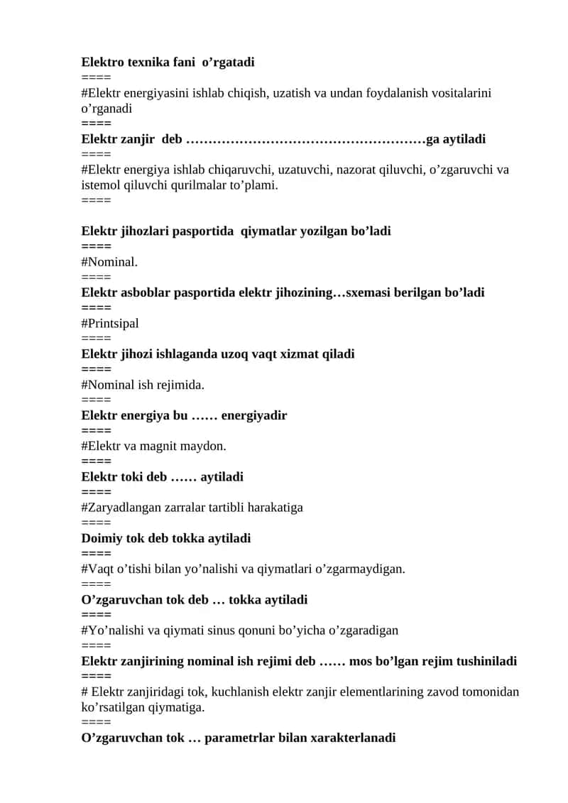 Elektro texnika fani o’rgatadi