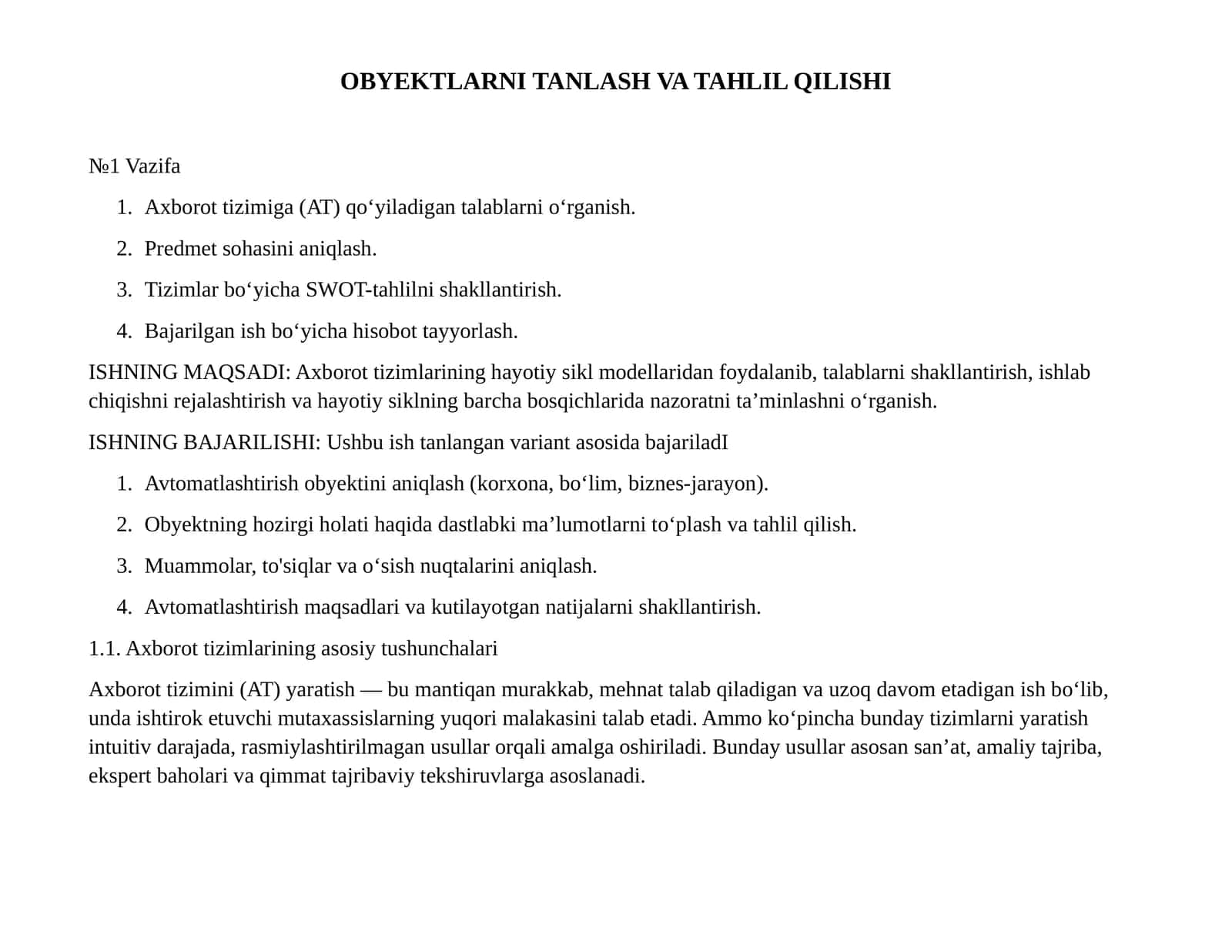 OBYEKTLARNI TANLASH VA TAHLIL QILISHI