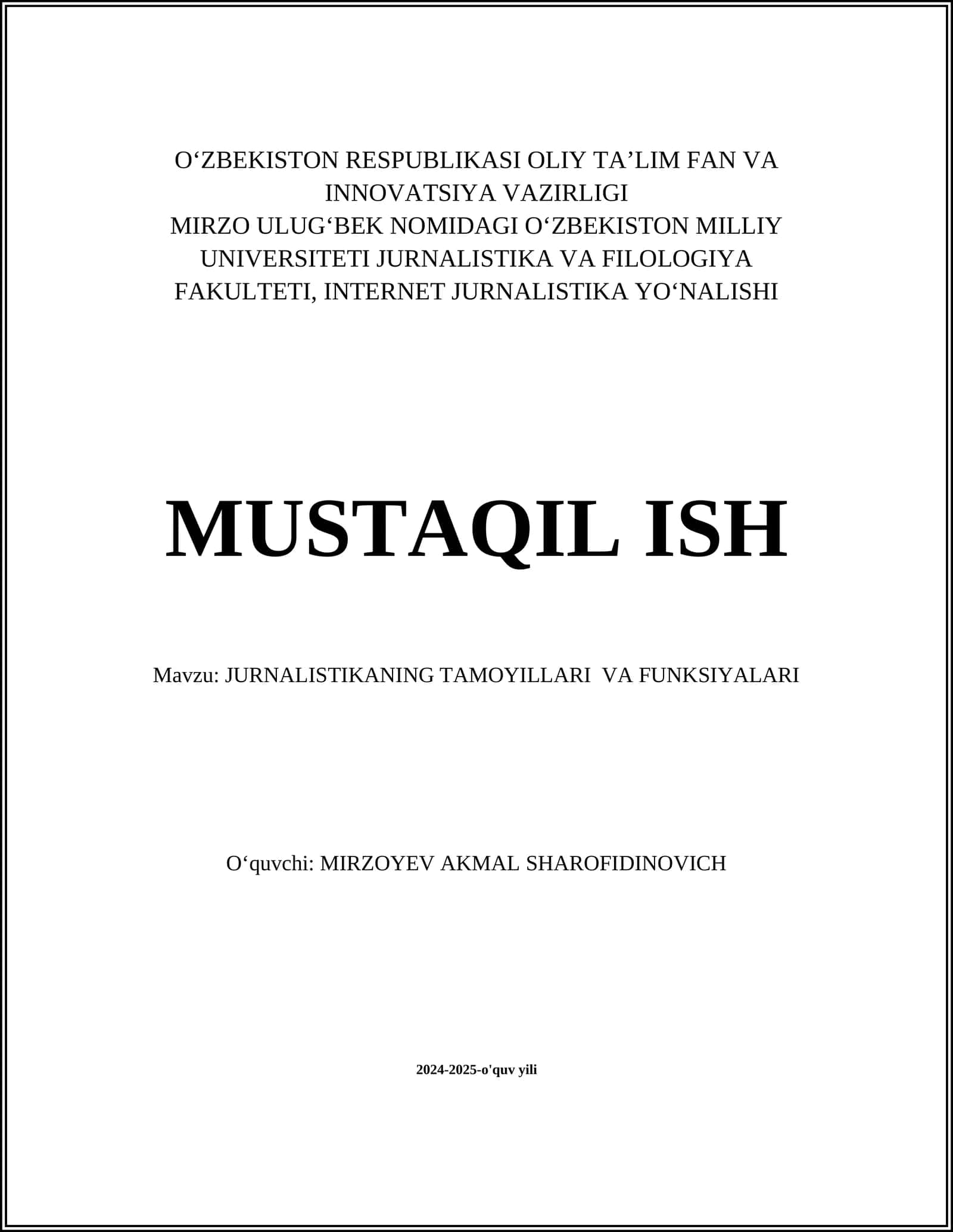 JURNALISTIKANING TAMOYILLARI VA FUNKSIYALARI
