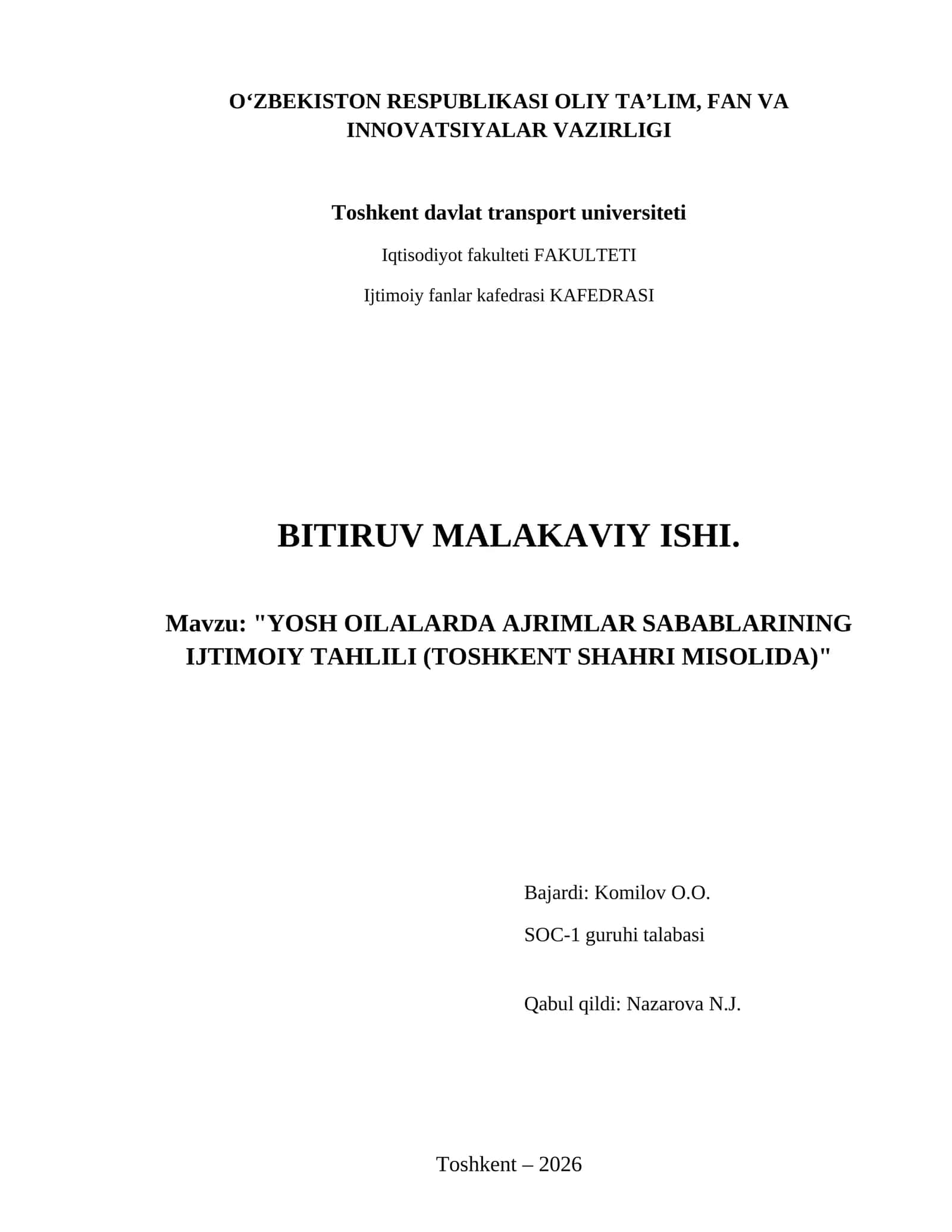 Yosh oilalarda ajrimlar sabablarining ijtimoiy tahlili (Toshkent shahri misolida)