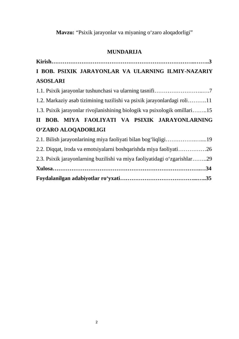Psixik jarayonlar va miyaning o‘zaro aloqadorligi