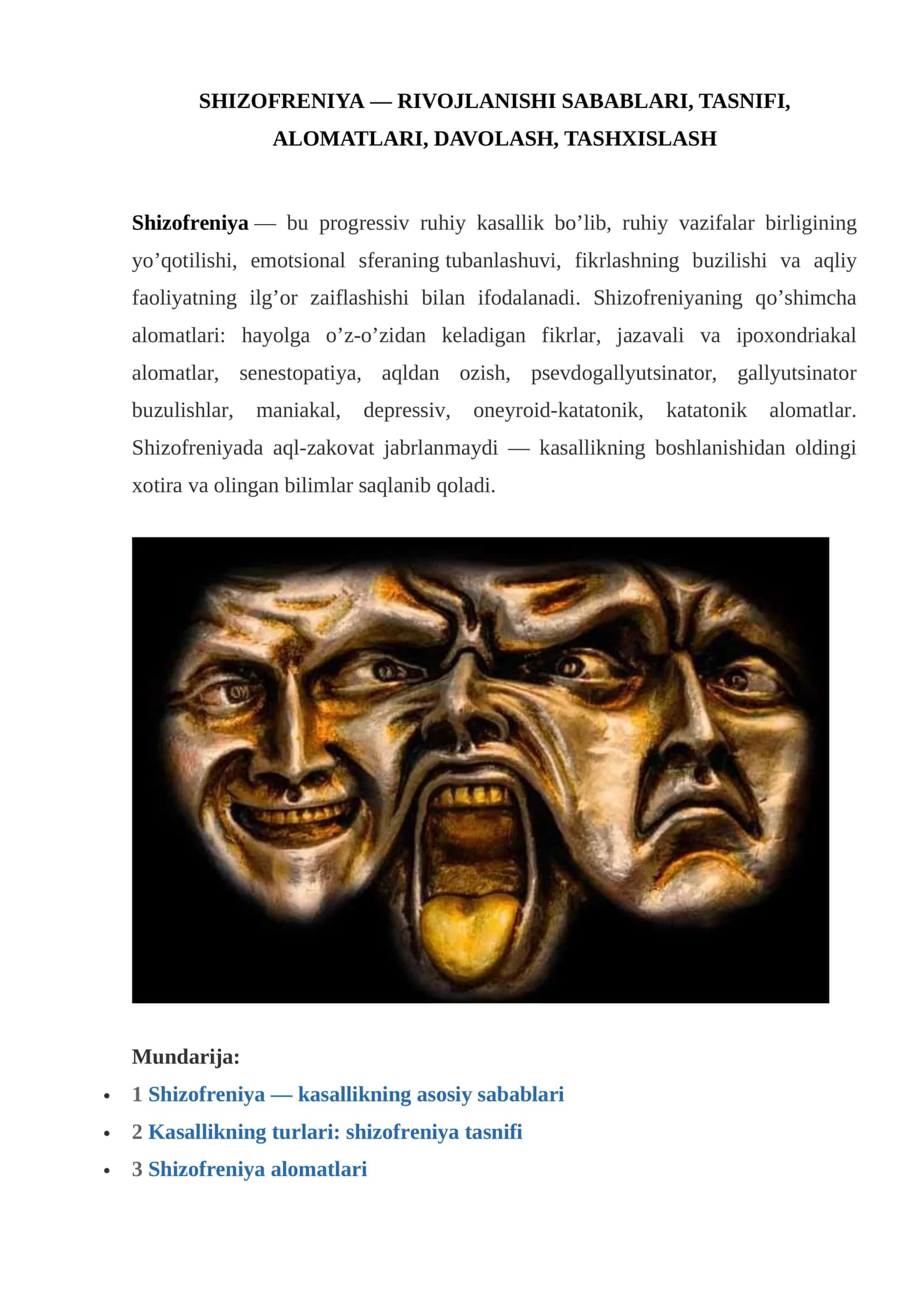 Shizofreniya — rivojlanishi sabablari, tasnifi, alomatlari, davolash, tashxislash