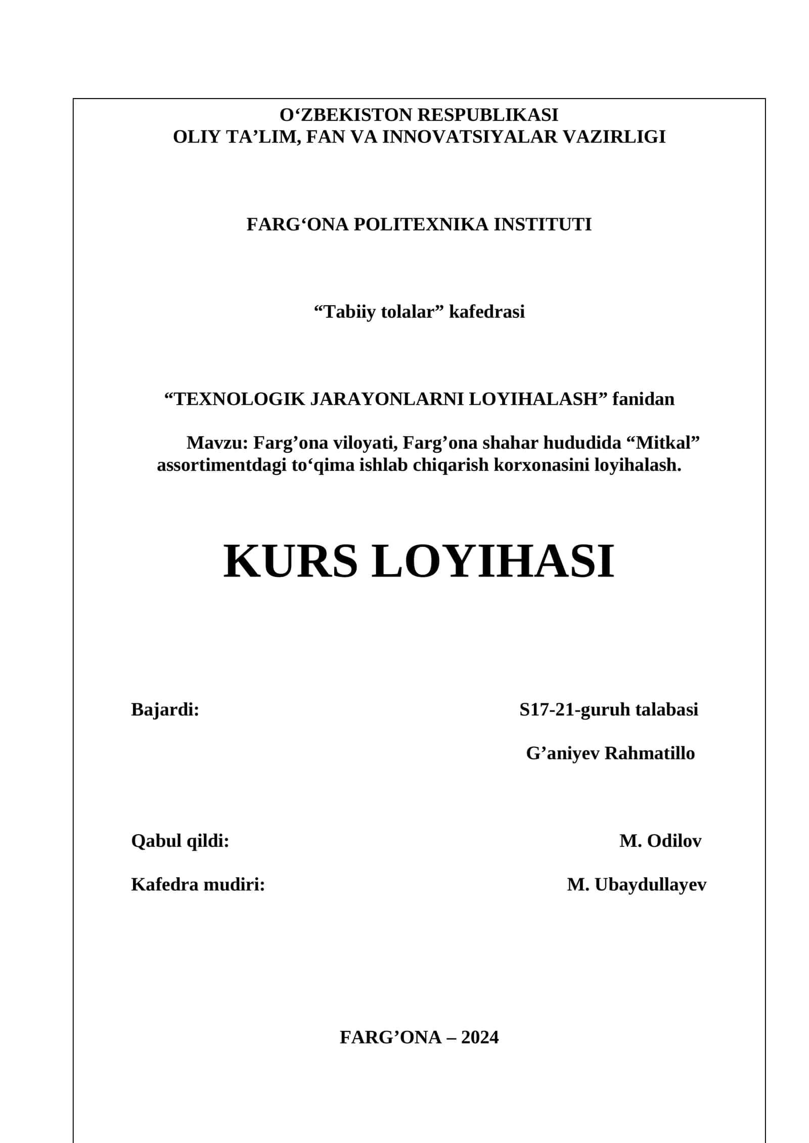 To'qima ishlab chiqarish korxonasini loyihalash