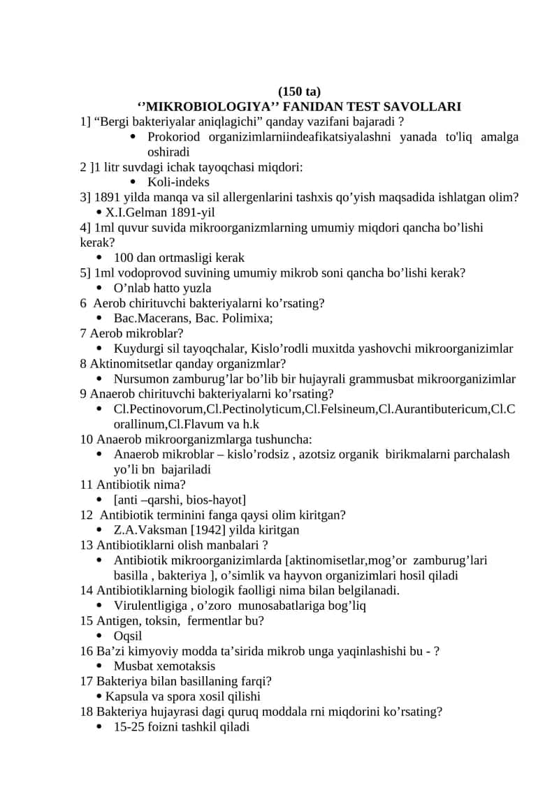 MIKROBIOLOGIYA FANIDAN TEST SAVOLLARI