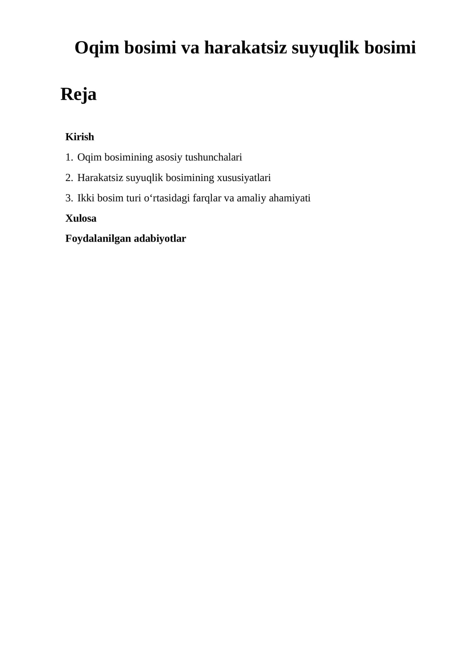 Oqim bosimi va harakatsiz suyuqlik bosimi