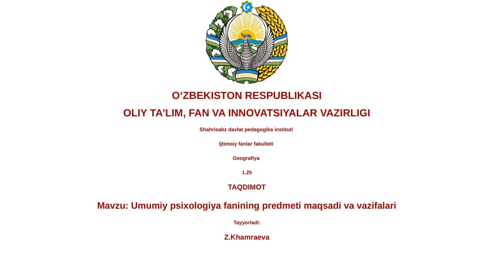Umumiy psixologiya fanining predmeti maqsadi va vazifalari