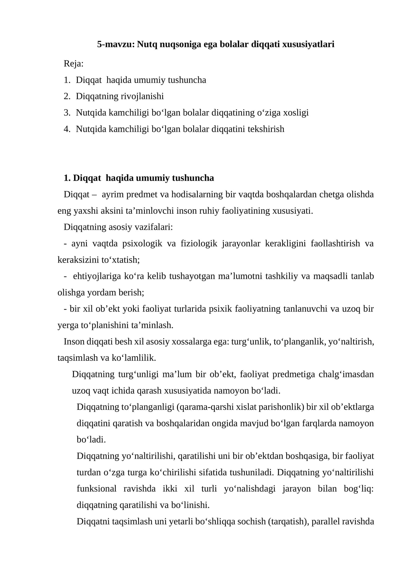 5-mavzu: Nutq nuqsoniga ega bolalar diqqati xususiyatlari