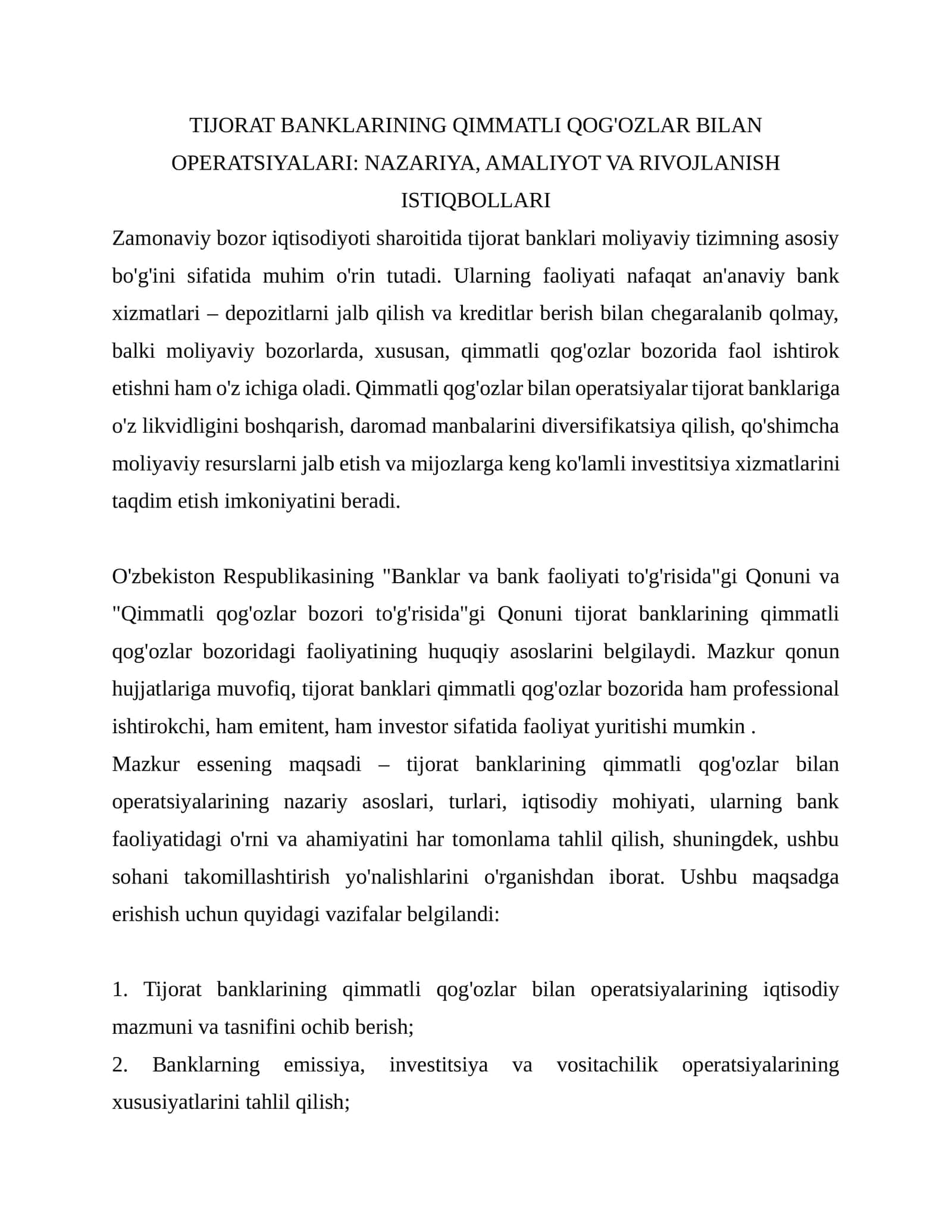 TIJORAT BANKLARINING QIMMATLI QOG'OZLAR BILAN OPERATSIYALARI: NAZARIYA, AMALIYOT VA RIVOJLANISH ISTIQBOLLARI