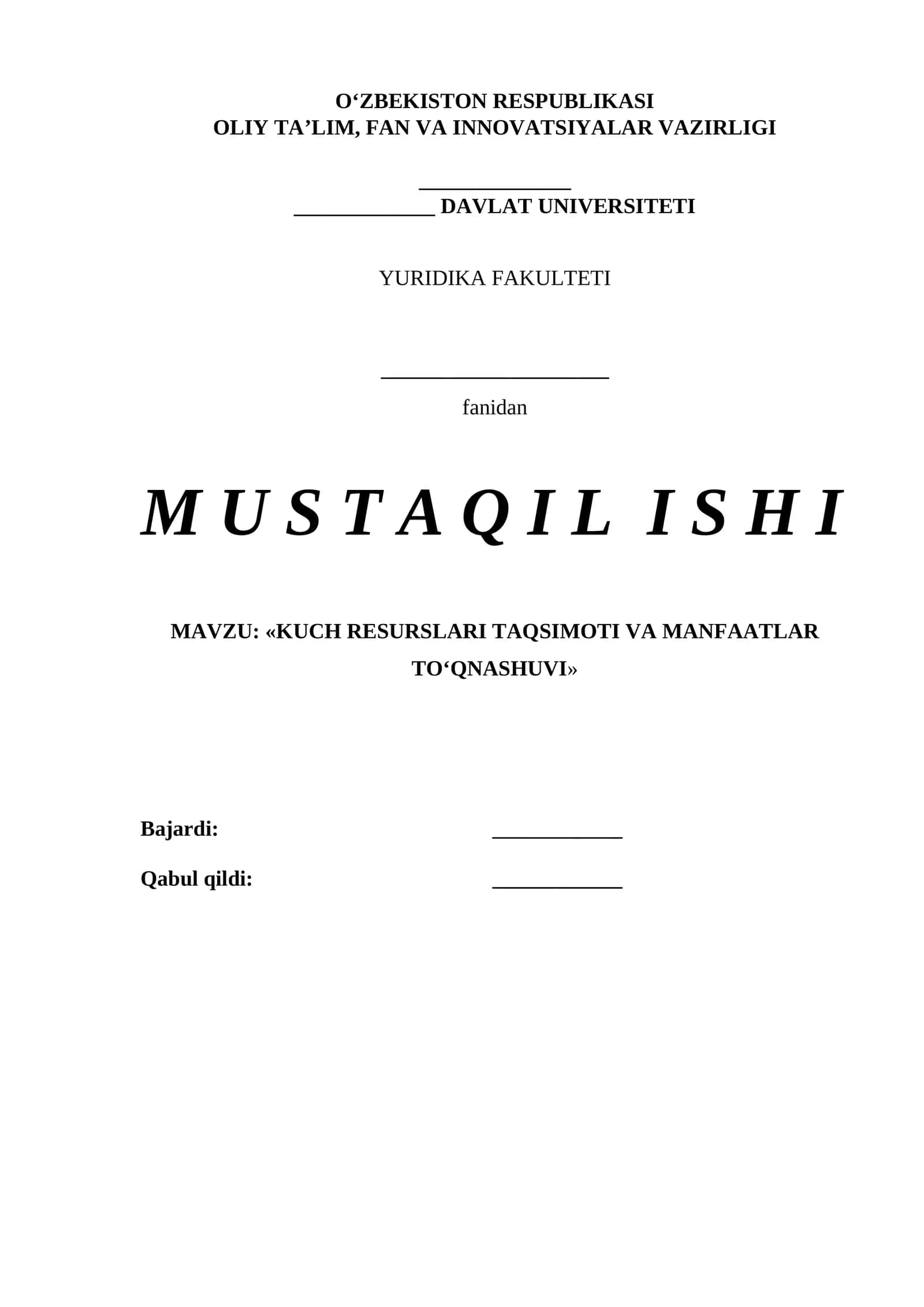 KUCH RESURSLARI TAQSIMOTI VA MANFAATLAR TO‘QNASHUVI