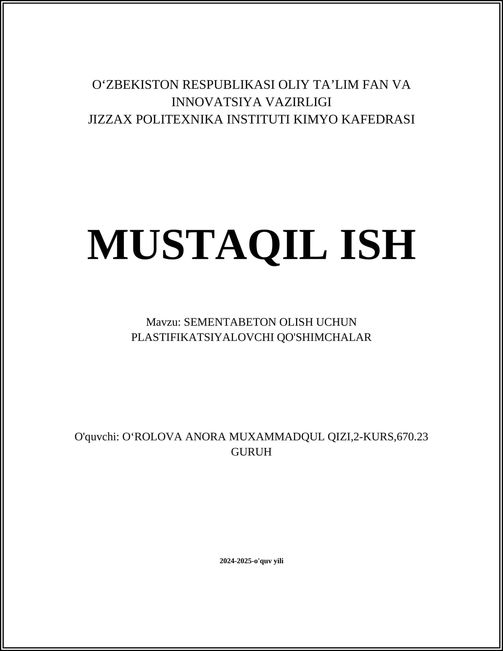 SEMENTABETON OLISH UCHUN PLASTIFIKATSIYALOVCHI QO'SHIMCHALAR