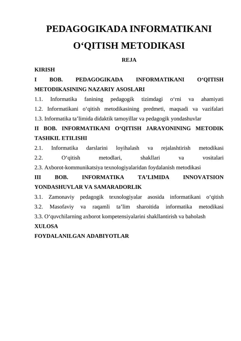 PEDAGOGIKADA INFORMATIKANI O‘QITISH METODIKASI