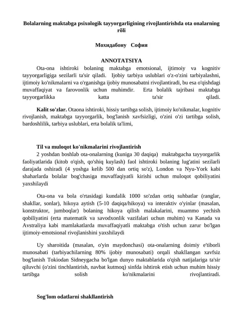 Bolalarning maktabga psixologik tayyorgarligining rivojlantirishda ota onalarning rõli