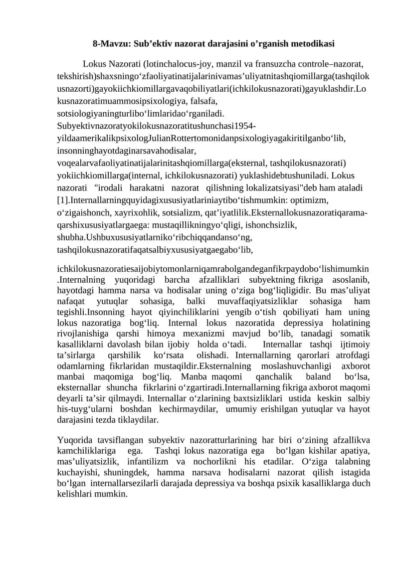 Sub’ektiv nazorat darajasini o’rganish metodikasi